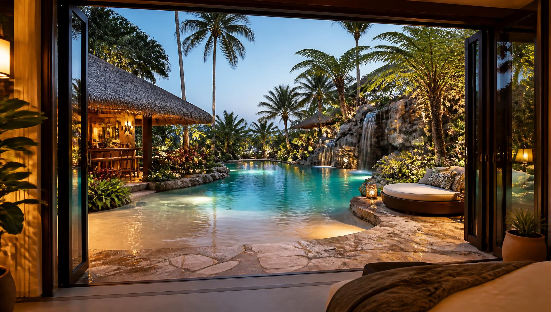 Palm Lagoon Resort Yard backyard design Forward Looking A freeform lagoon pool with a rock waterfall and shallow beach entry. Images and Photos created by www.house-and-garden-designs.com