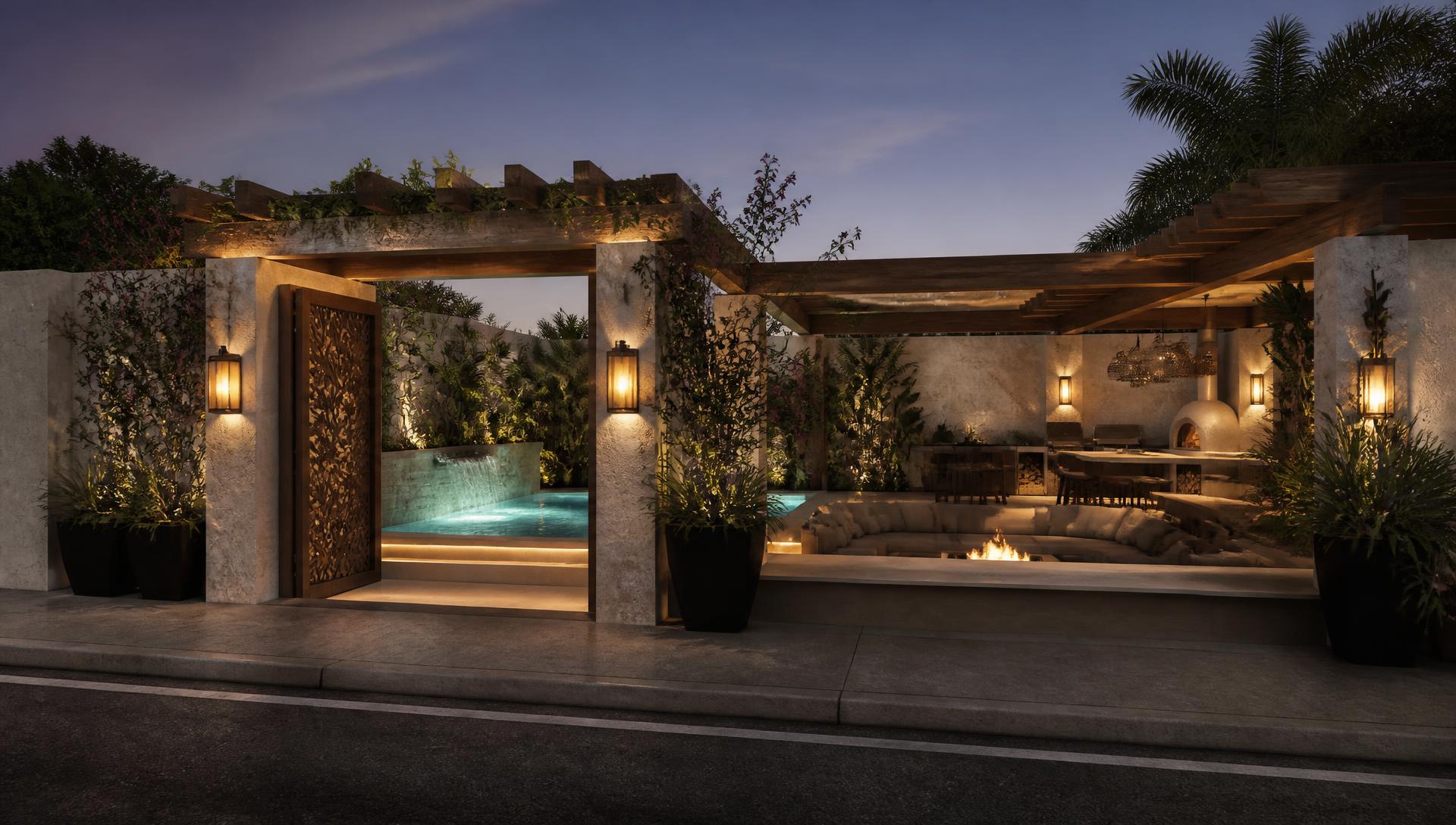 Ember Court Pergola Courtyard backyard design Left Side Property View A tight suburban courtyard doing everything at once: a deep. Images and Photos created by www.house-and-garden-designs.com