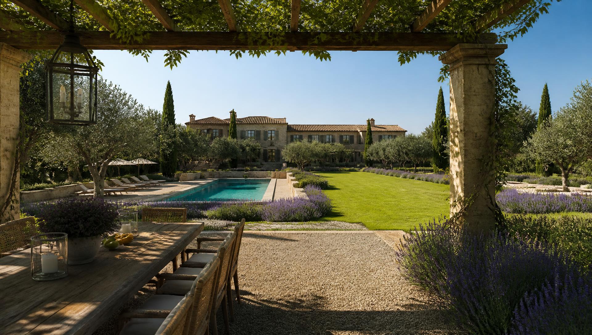 Mediterranean Olive Grove Yard backyard design Rear Backyard Look A sun-warmed gravel terrace under a stone and vine pergola with. Images and Photos created by www.house-and-garden-designs.com