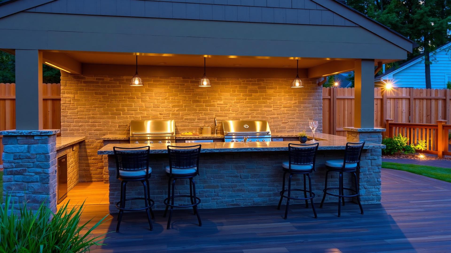 Backyard outdoor kitchen with stainless BBQ stone bench bar stools and pendant lighting. Images and Photos created by www.house-and-garden-designs.com