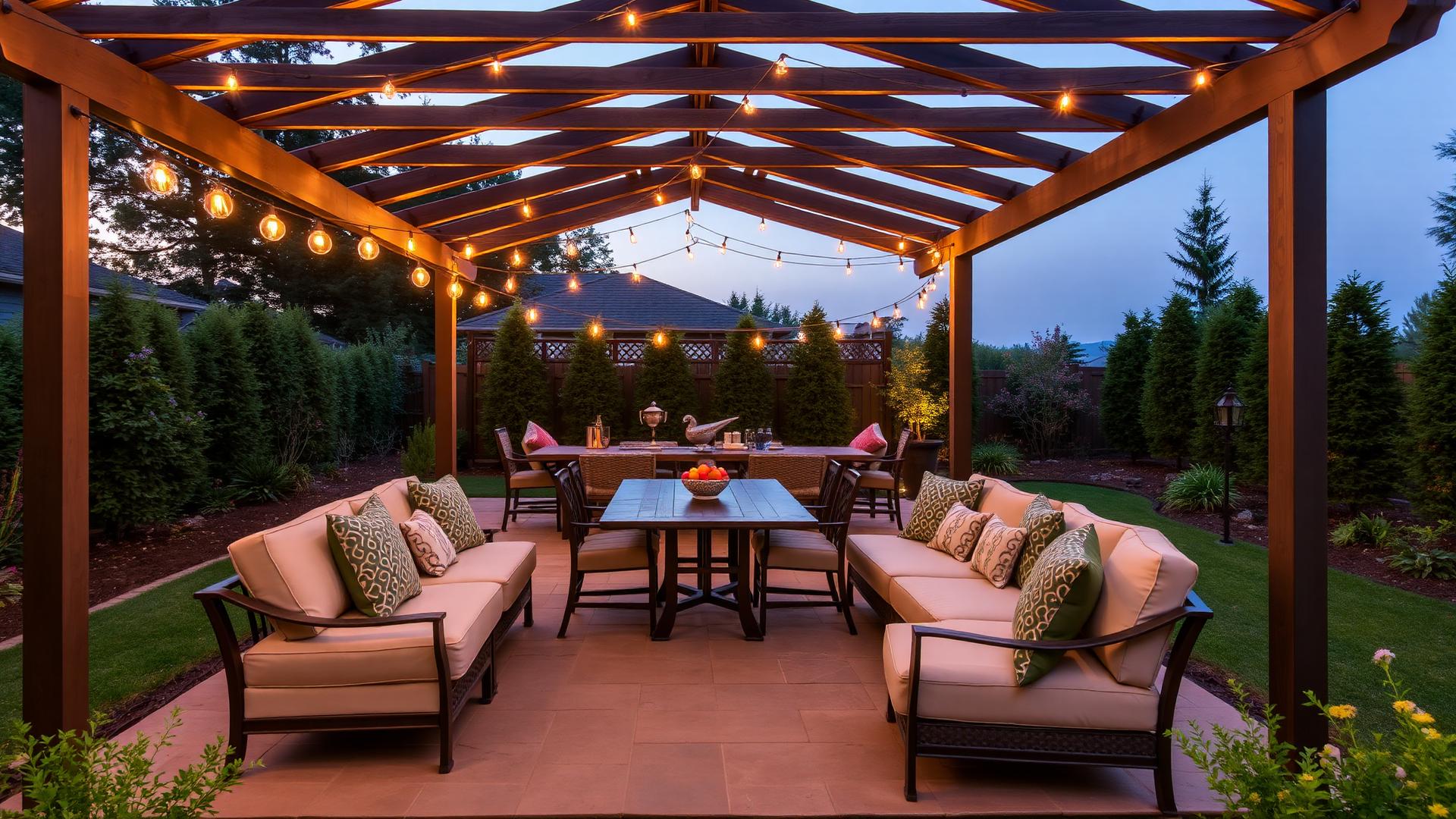 Covered backyard pergola with dining table lounge sofas cushions and warm string lights. Images and Photos created by www.house-and-garden-designs.com