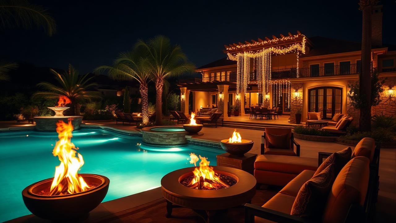 Night backyard with glowing pool fire bowls pergola lights and lounge seating. Images and Photos created by www.house-and-garden-designs.com