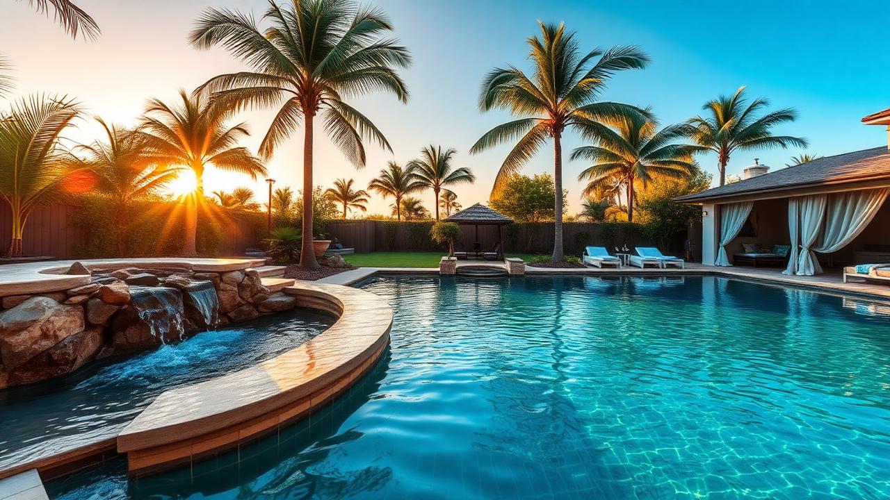 Tropical lagoon pool with waterfall grotto palm cabana and sun loungers modern. Images and Photos created by www.house-and-garden-designs.com