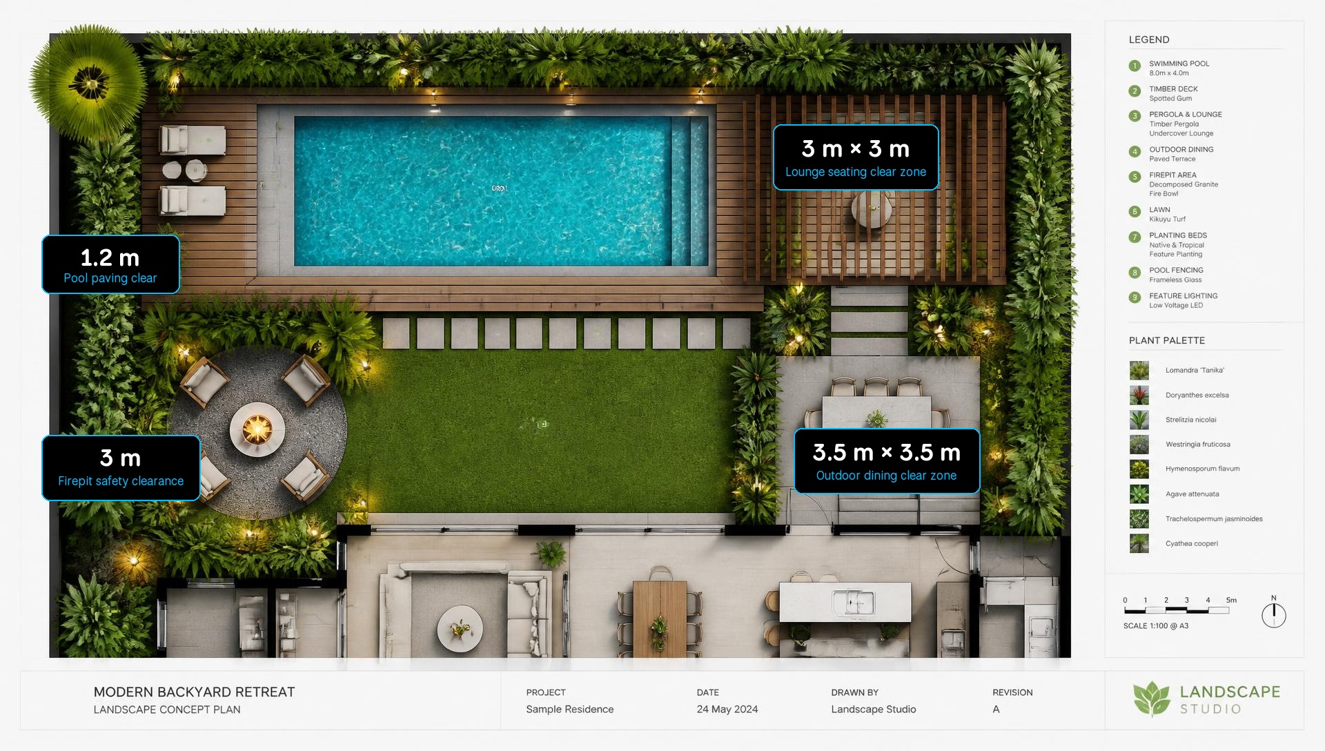 Backyard design plan showing dining lounge pool paving and firepit safety measurements. Images and Photos created by www.house-and-garden-designs.com
