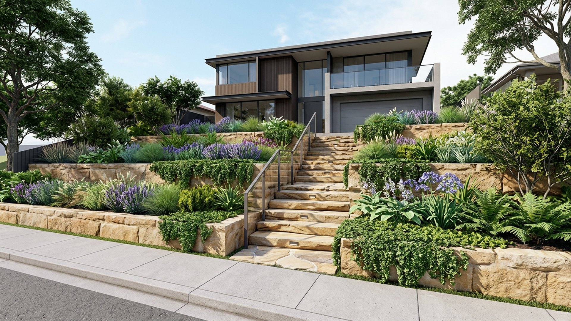 Cascading Terraces front yard landscaping concept Forward Looking Three sandstone terraces stepping down to the street with planted risers. Images and Photos created by www.house-and-garden-designs.com