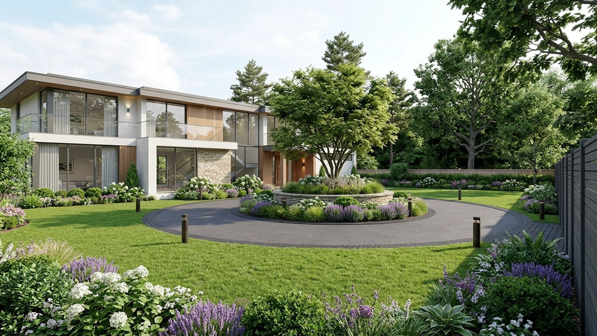Circular Drive with Opulence and Grandeur front yard landscaping concept Right Side Property View A sweeping Circular Driveway wrapped around. Images and Photos created by www.house-and-garden-designs.com