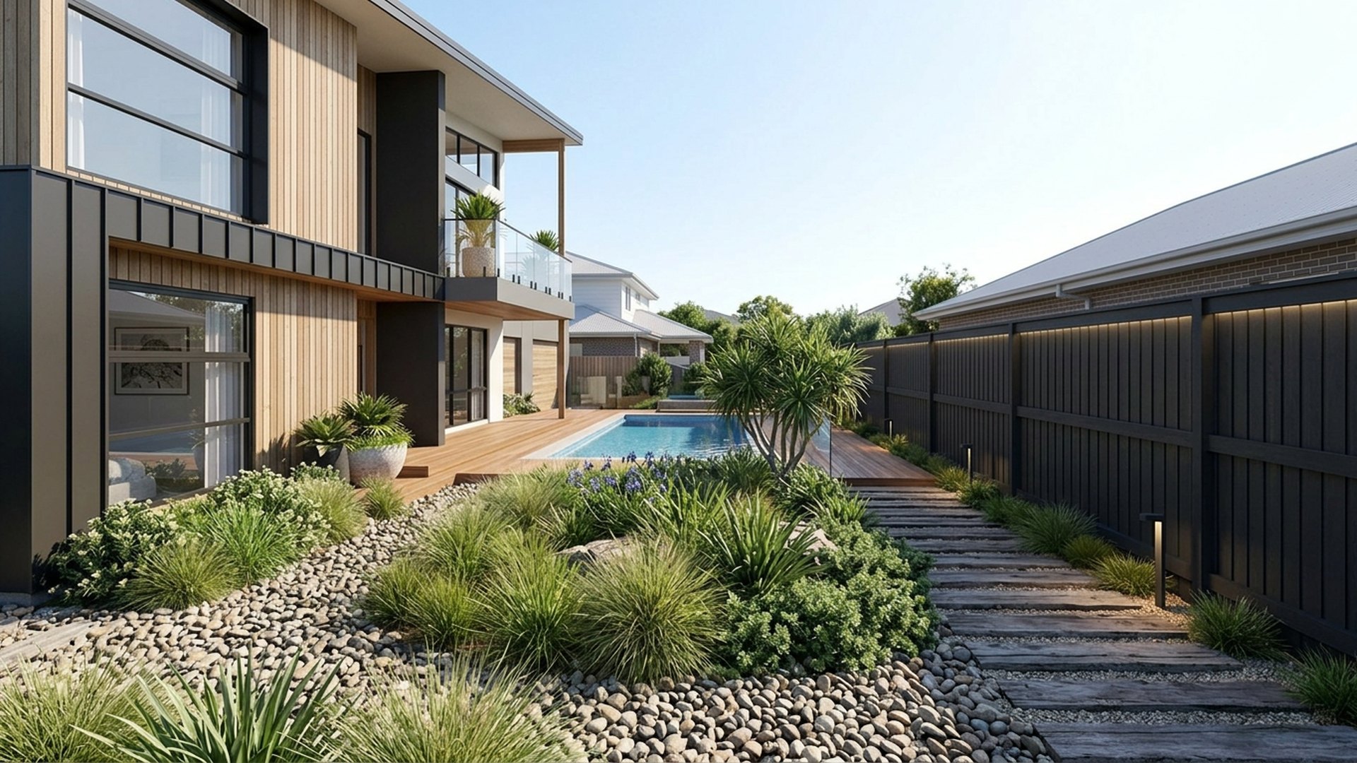 Coastal Native Verge and Beach House Design front yard landscaping concept Right Side Property View Wind tolerant natives, timber sleeper. Images and Photos created by www.house-and-garden-designs.com