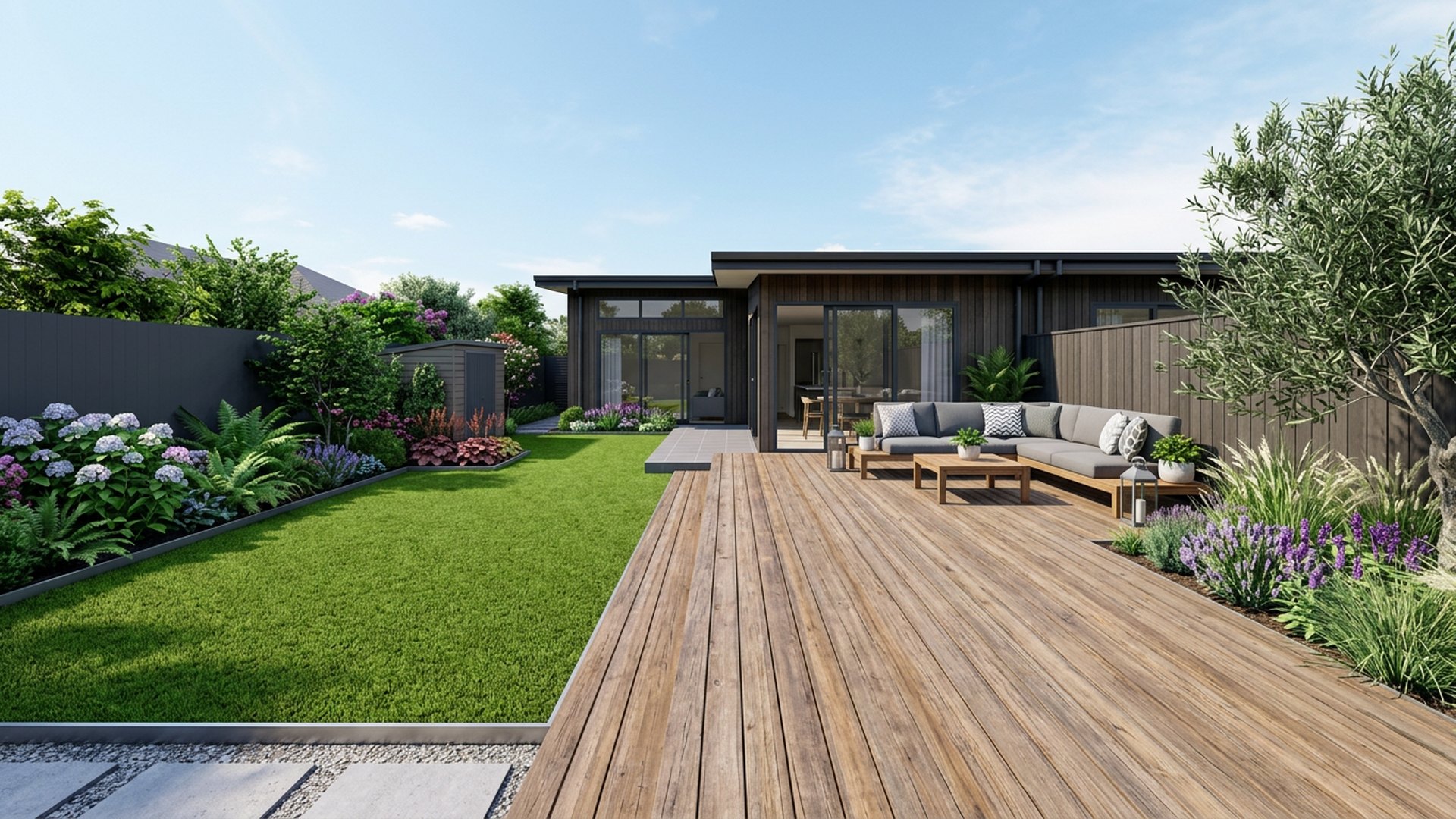 Deck and Lawn Split backyard landscaping concept Forward Looking Half timber deck for furniture, half lawn for play, joined by. Images and Photos created by www.house-and-garden-designs.com