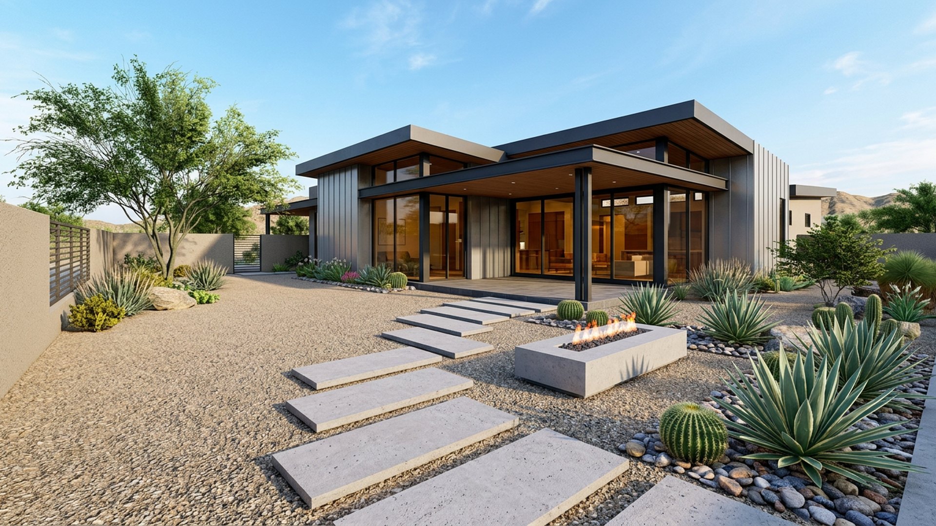 Desert Modern Yard backyard landscaping concept Forward Looking Decomposed granite, agaves, a linear fire table and floating concrete steps. Images and Photos created by www.house-and-garden-designs.com