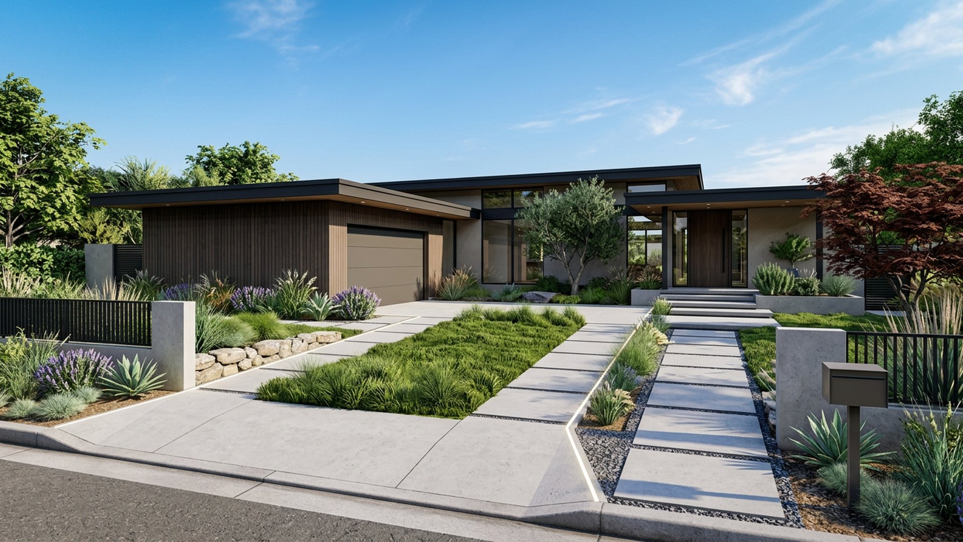 Driveway Reimagined front yard landscaping concept Forward Looking Concrete strips with a green centre, permeable joints and lit edges. Images and Photos created by www.house-and-garden-designs.com