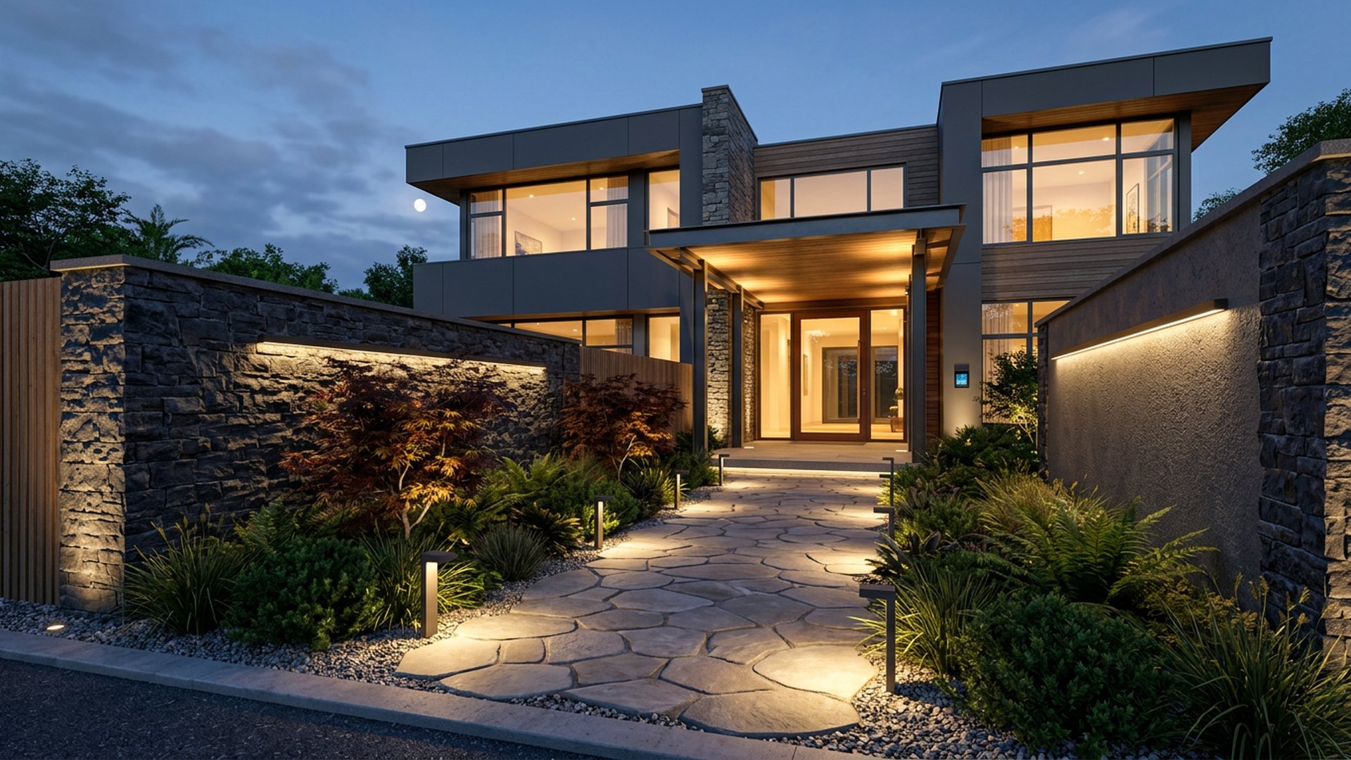 Evening Lit Entry front yard landscaping concept Forward Looking A design built around night arrival: grazed walls, path lights and. Images and Photos created by www.house-and-garden-designs.com