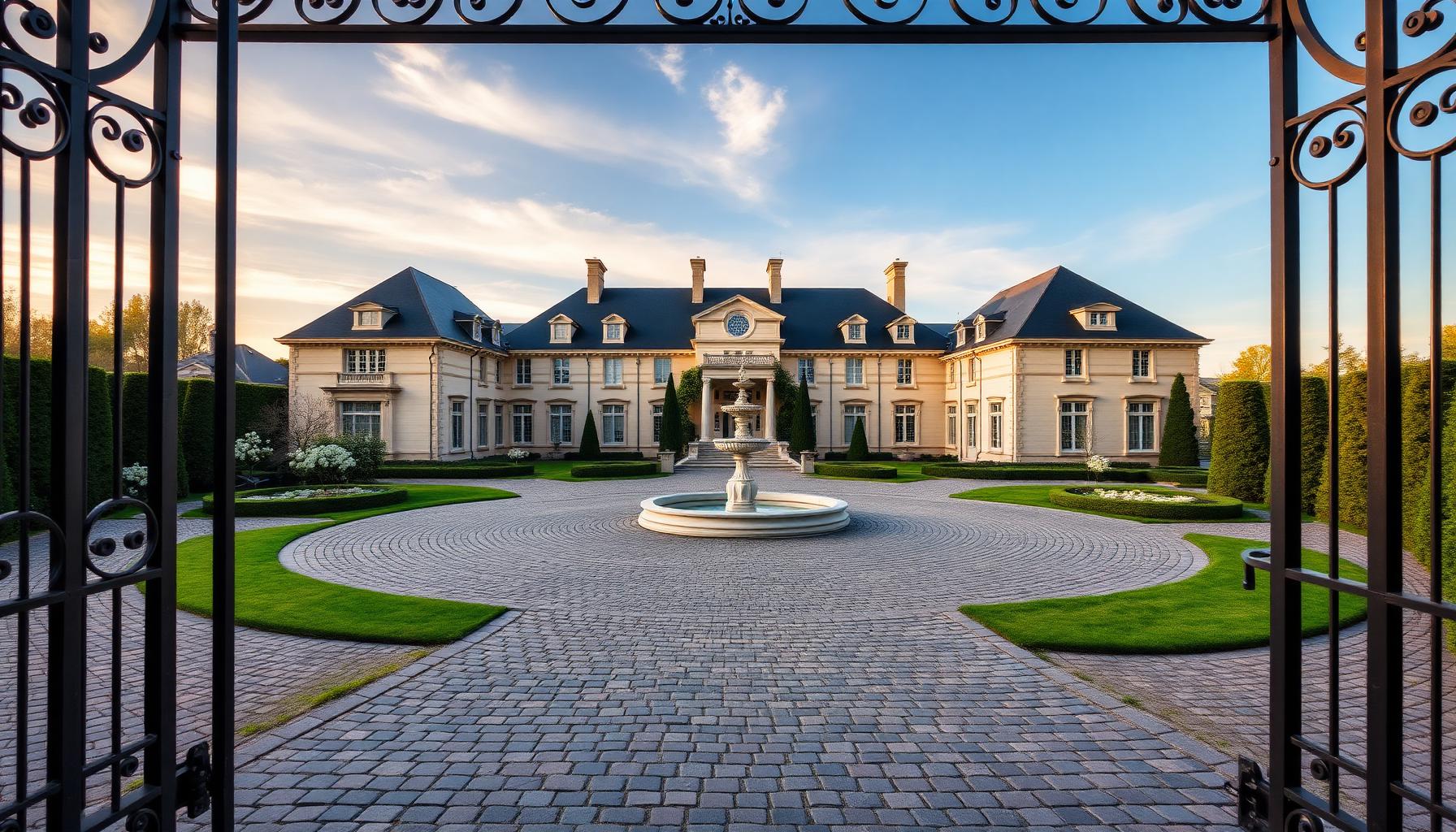 Grand Fountain Estate Entry front yard design Forward Looking A sweeping cobblestone circular driveway wrapped around a tiered stone fountain. Images and Photos created by www.house-and-garden-designs.com