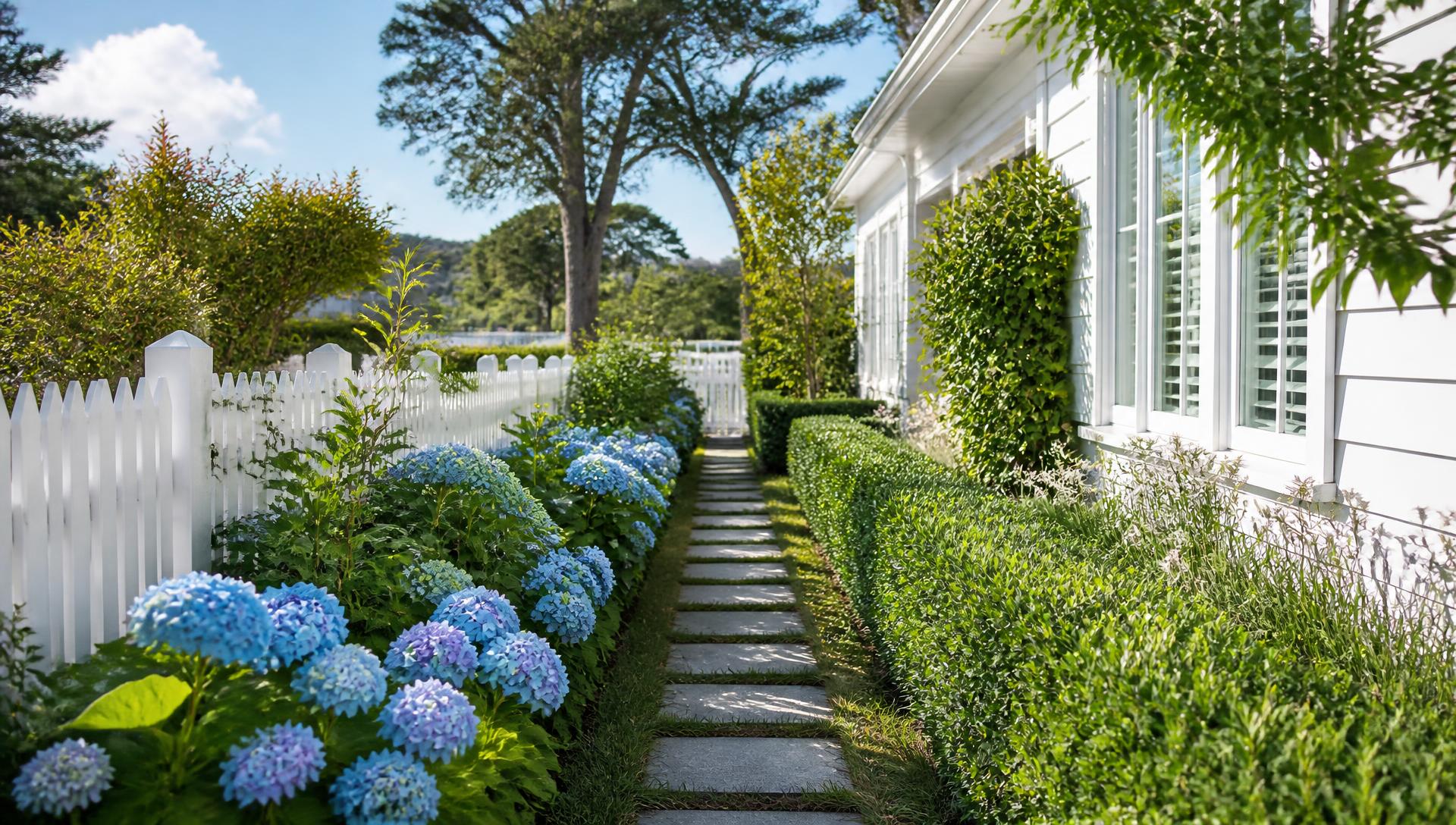 Hydrangea Coast Beach House front yard design Left Side Property View White weatherboard, a crushed shell driveway and drifts of. Images and Photos created by www.house-and-garden-designs.com