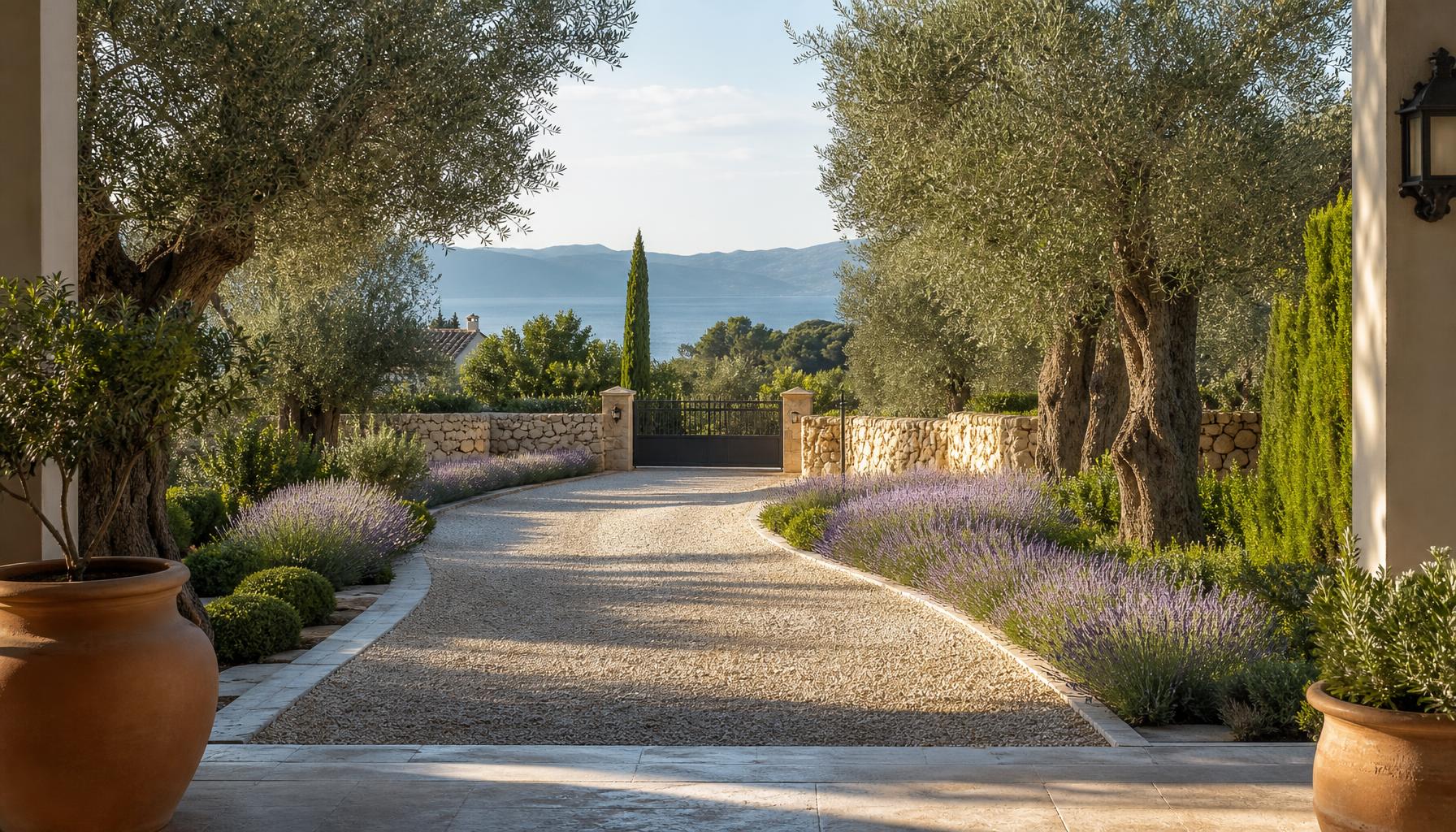 Mediterranean Olive Grove Villa front yard design Rear Backyard Look A sun-warmed stone villa with terracotta roof, sweeping gravel driveway. Images and Photos created by www.house-and-garden-designs.com