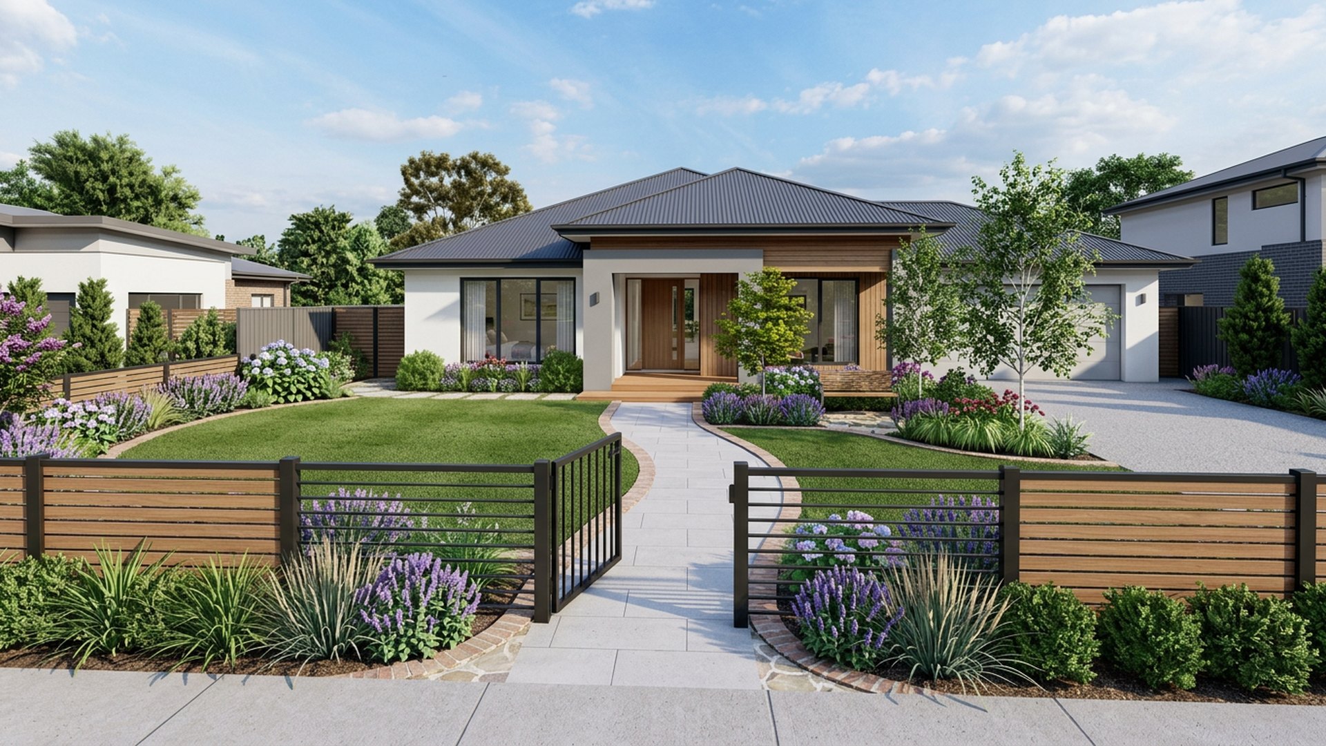 Family Safe Entry front yard landscaping concept Forward Looking Fenced front lawn with a gated path, soft edges and no. Images and Photos created by www.house-and-garden-designs.com