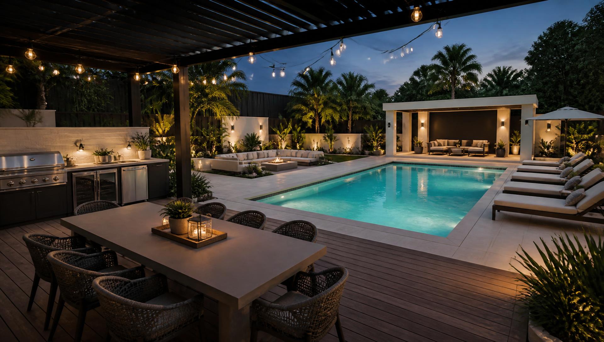 Completed 3D visual backyard with swimming pool decking dining sun lounges and pergola lighting. Images and Photos created by www.house-and-garden-designs.com