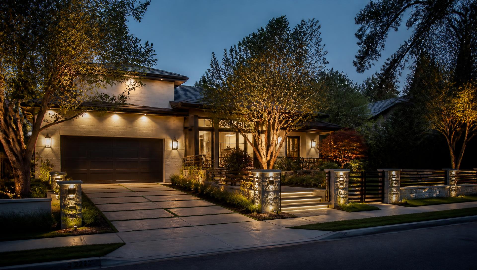 Completed luxury front yard at dusk with illuminated driveway and manicured planting beds. Images and Photos created by www.house-and-garden-designs.com