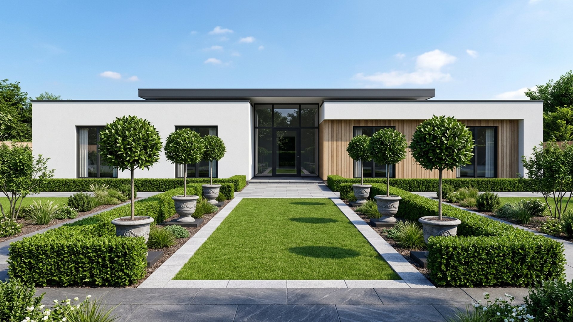 Formal Symmetry Clean and Precise Garden front yard landscaping concept Forward Looking Mirrored Hedges, Standard Bay Trees in pots and. Images and Photos created by www.house-and-garden-designs.com