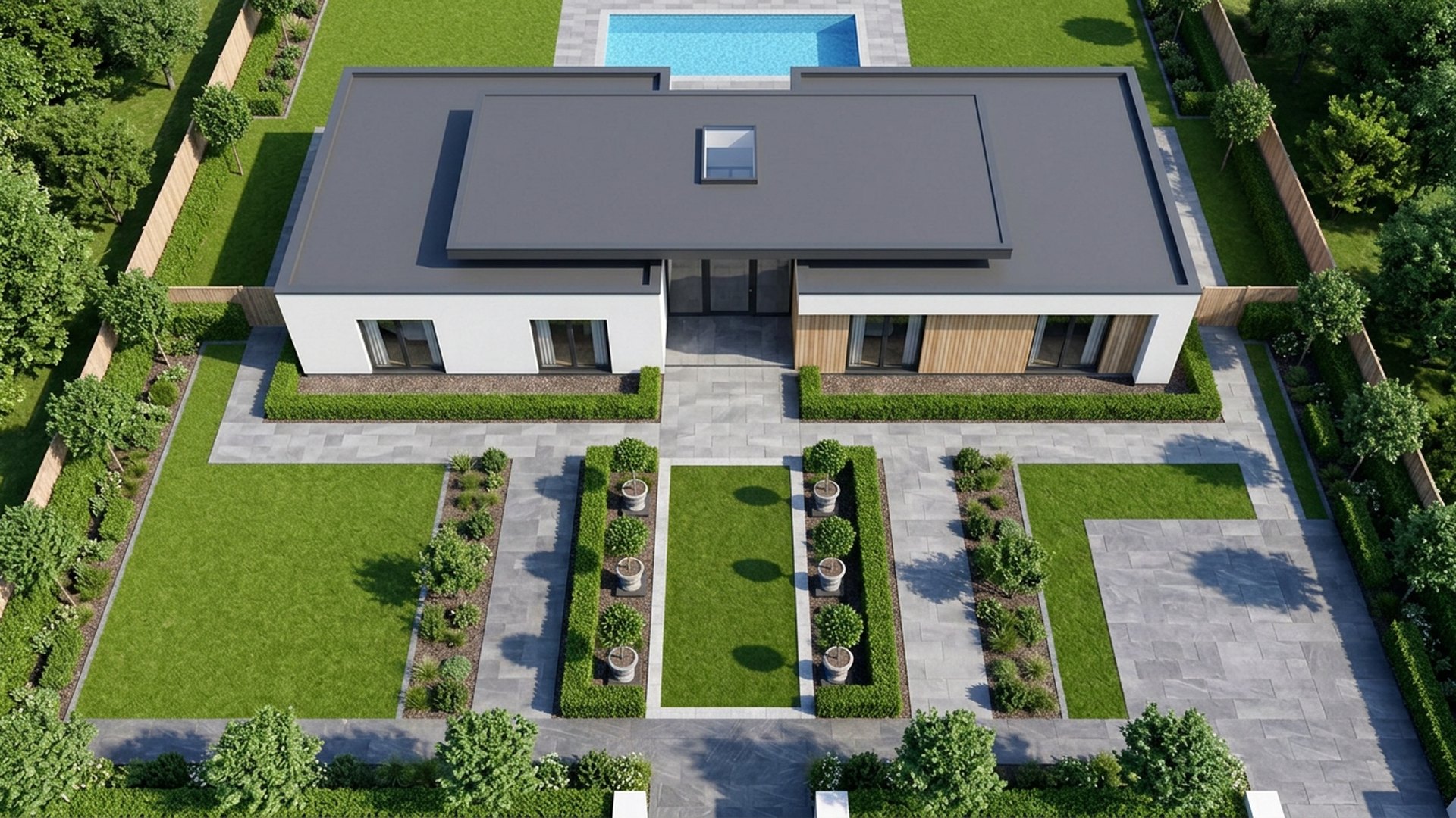 Formal Symmetry Clean and Precise Garden front yard landscaping concept Top / Drone View Mirrored Hedges, Standard Bay Trees in. Images and Photos created by www.house-and-garden-designs.com