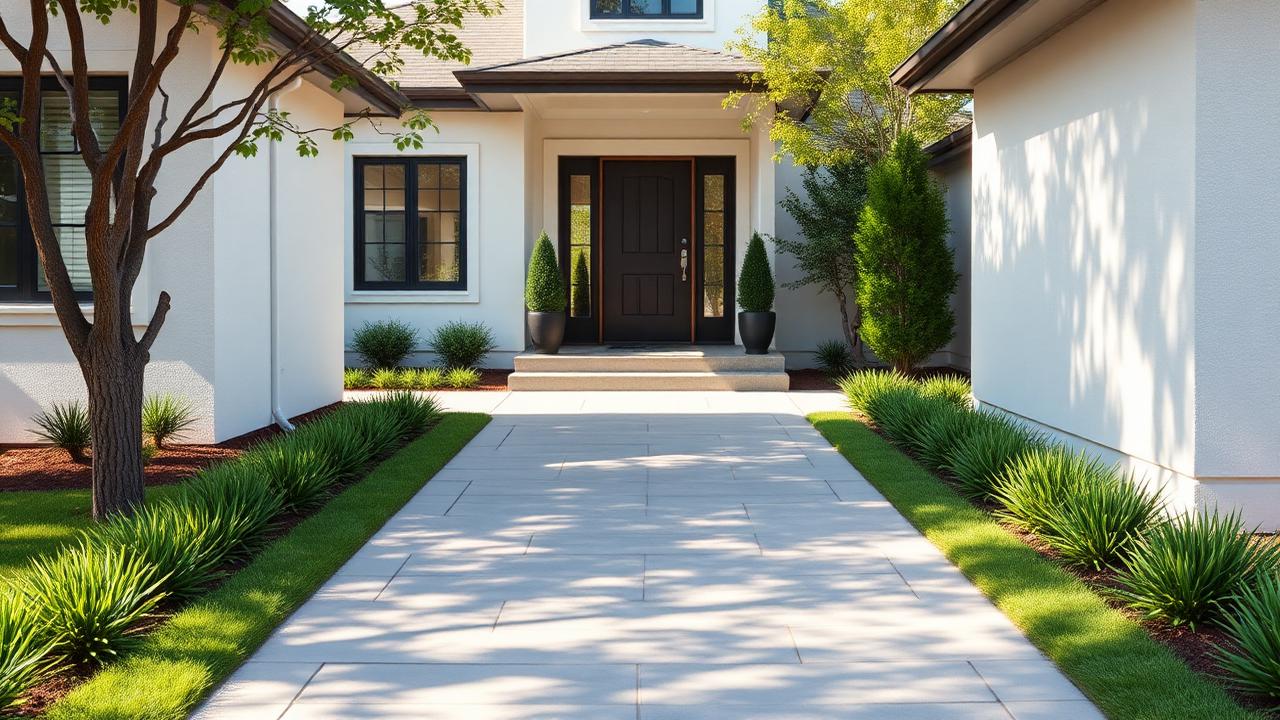 Wide paved front entry path leading to modern front door with planted borders. Images and Photos created by www.house-and-garden-designs.com