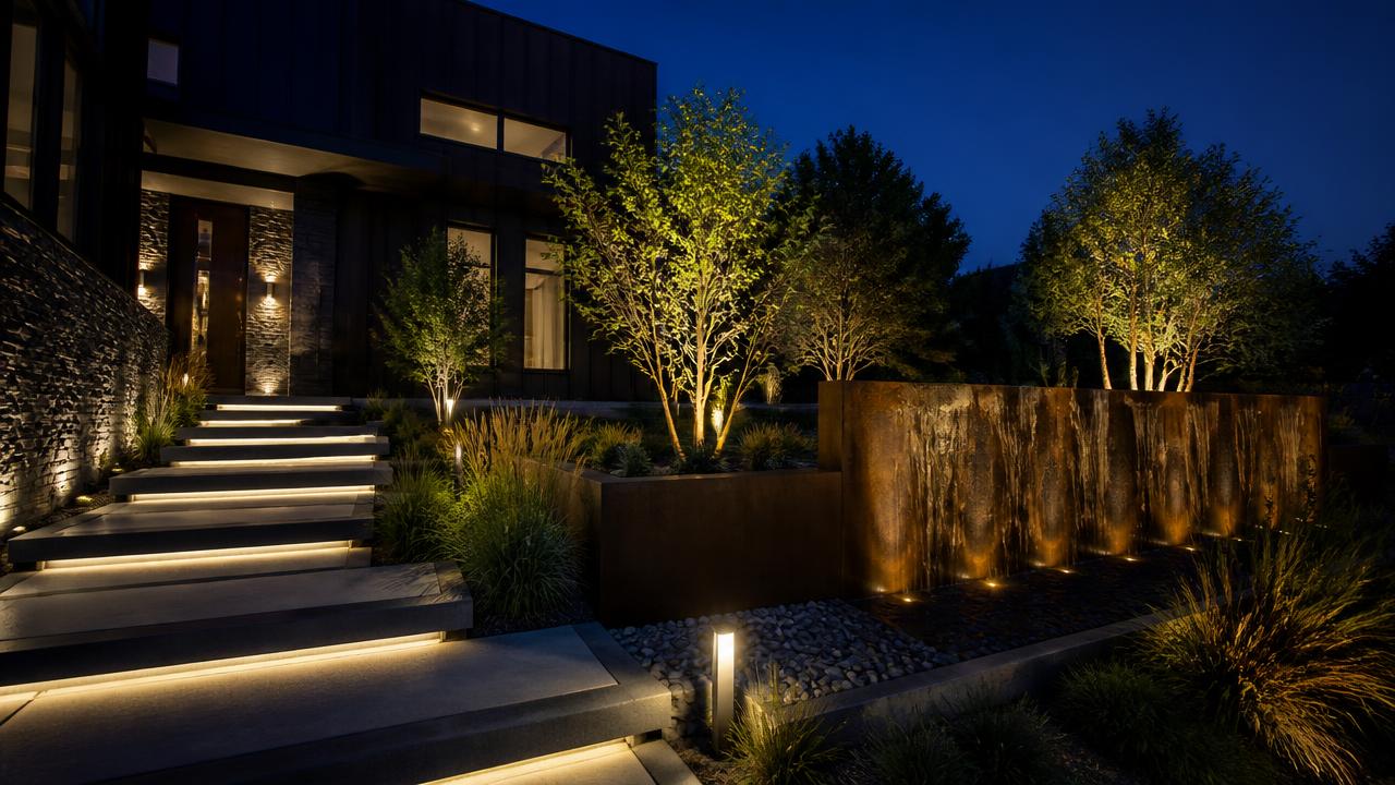 Modern front yard at night with illuminated steps, uplit trees, water wall. Images and Photos created by www.house-and-garden-designs.com