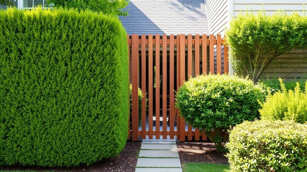 Clipped hedge and slatted timber screen giving front yard privacy from street. Images and Photos created by www.house-and-garden-designs.com