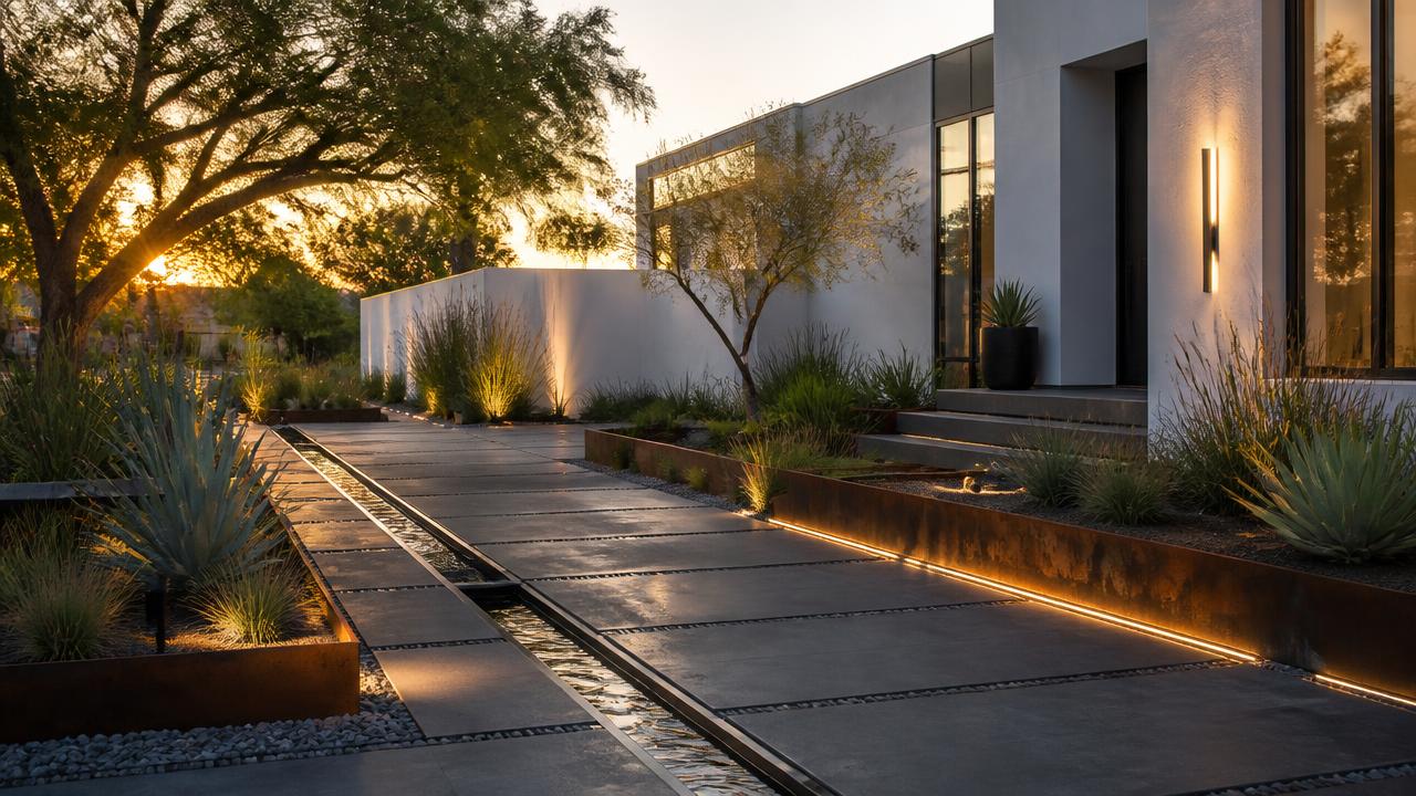 Modern front yard with geometric pavers, water rill, corten planters, LED lighting. Images and Photos created by www.house-and-garden-designs.com