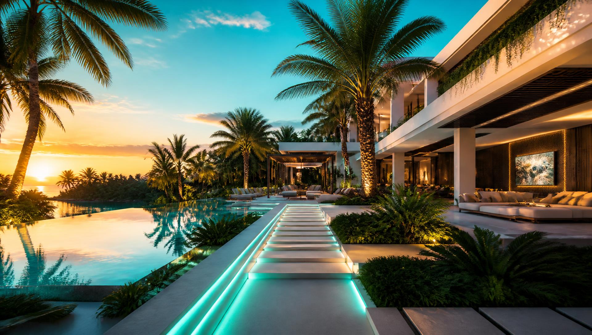 Future Gardens backyard landscaping concept Forward Looking A tropical backyard designed for tomorrow: clean architecture, LED-lit paths, an infinity pool. Images and Photos created by www.house-and-garden-designs.com