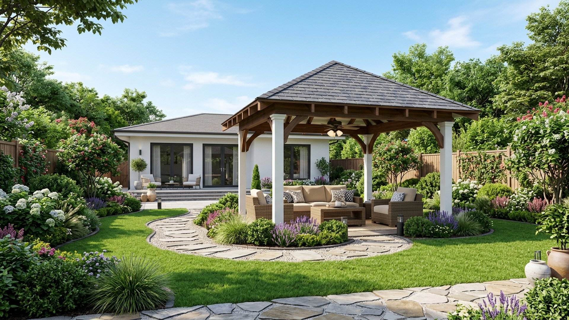 Gazebo Garden Feature the Essence backyard landscaping concept Forward Looking White Washed Classic Federation House with Featured Shingled Tile Gazebo. Images and Photos created by www.house-and-garden-designs.com