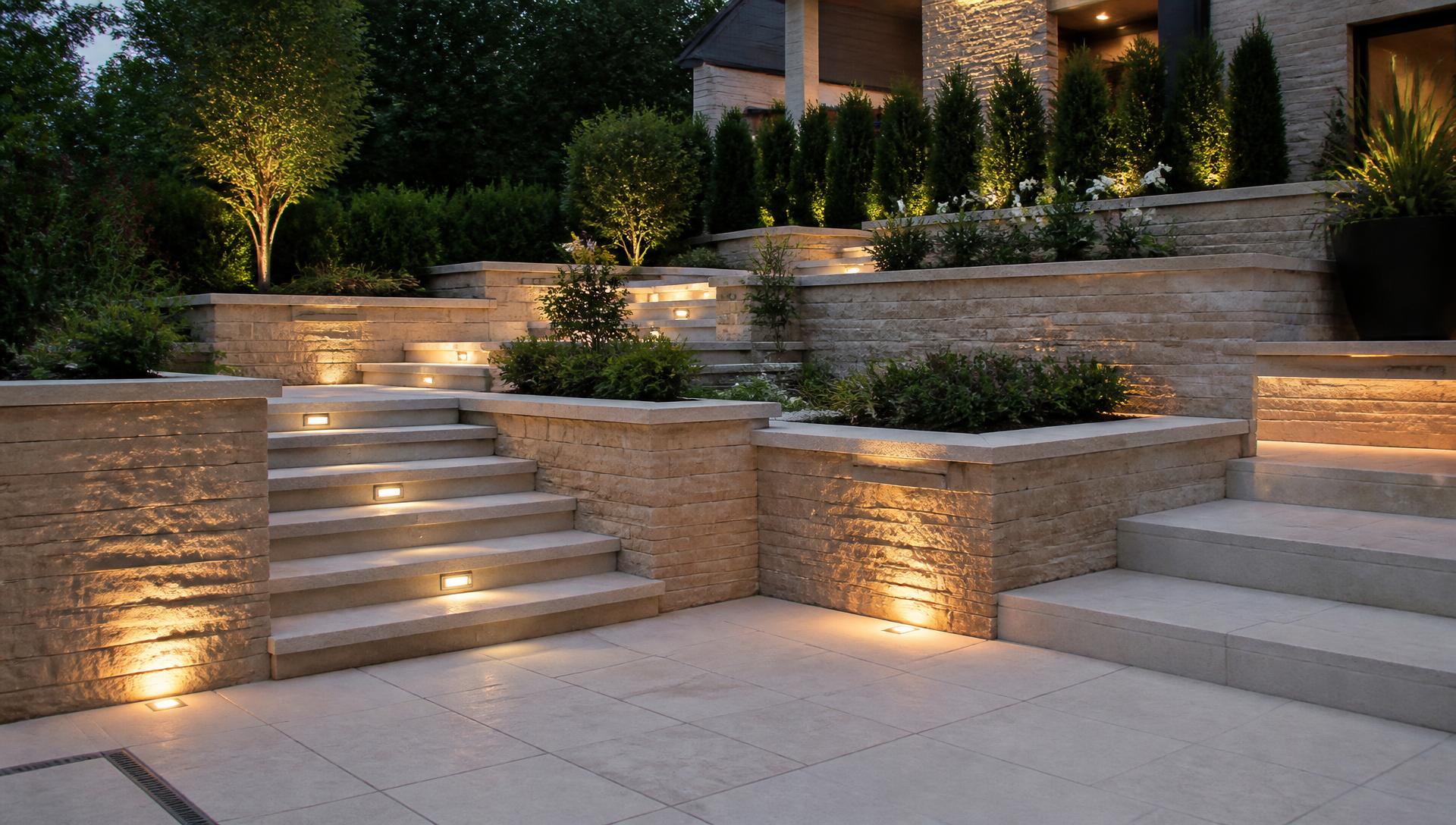 Landscape Design Concepts design ideas Experiment with Levels, Paving, Walls, Steps and Lighting Character and Style. Images and Photos created by www.house-and-garden-designs.com