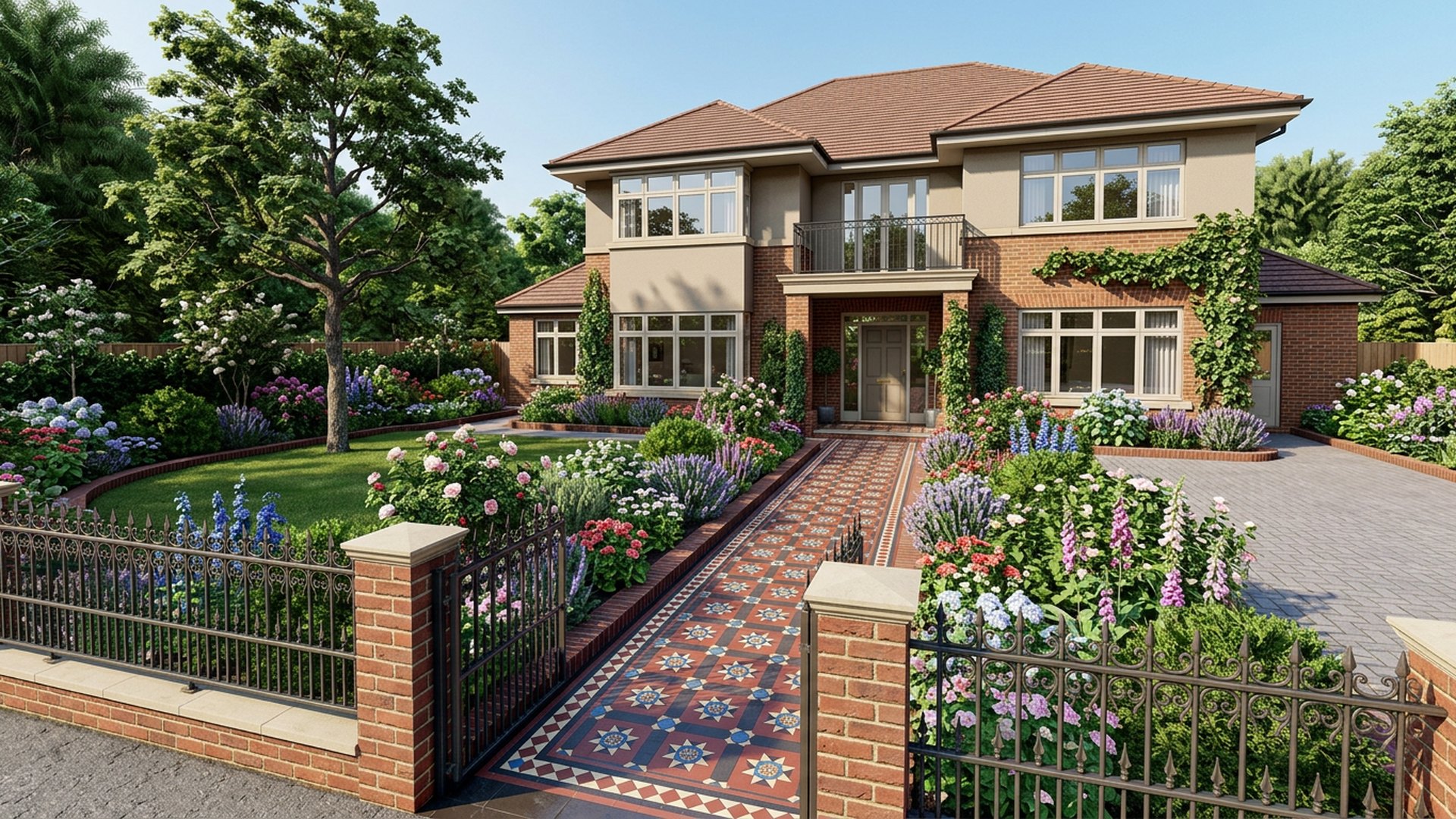 Heritage Restoration front yard landscaping concept Forward Looking Period tessellated tiles, iron fencing and traditional cottage borders. Images and Photos created by www.house-and-garden-designs.com
