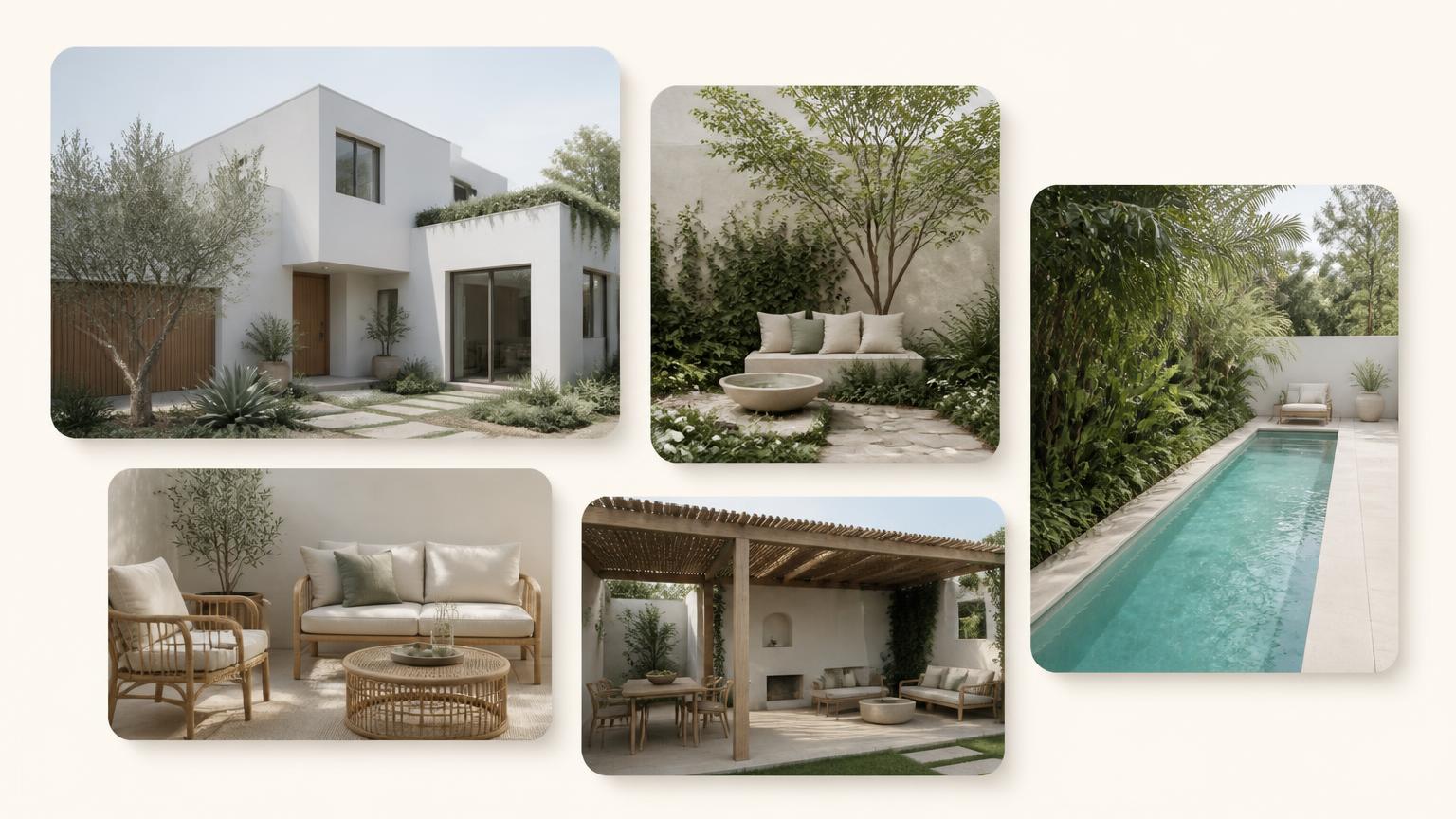 Low-Line Courtyard Home Design with Textured Off-White Render, Travertine Paving and Smoked Glass Balustrades, Layered Native Planting and a Clipped. this image created by www.homedesign-photos.com
