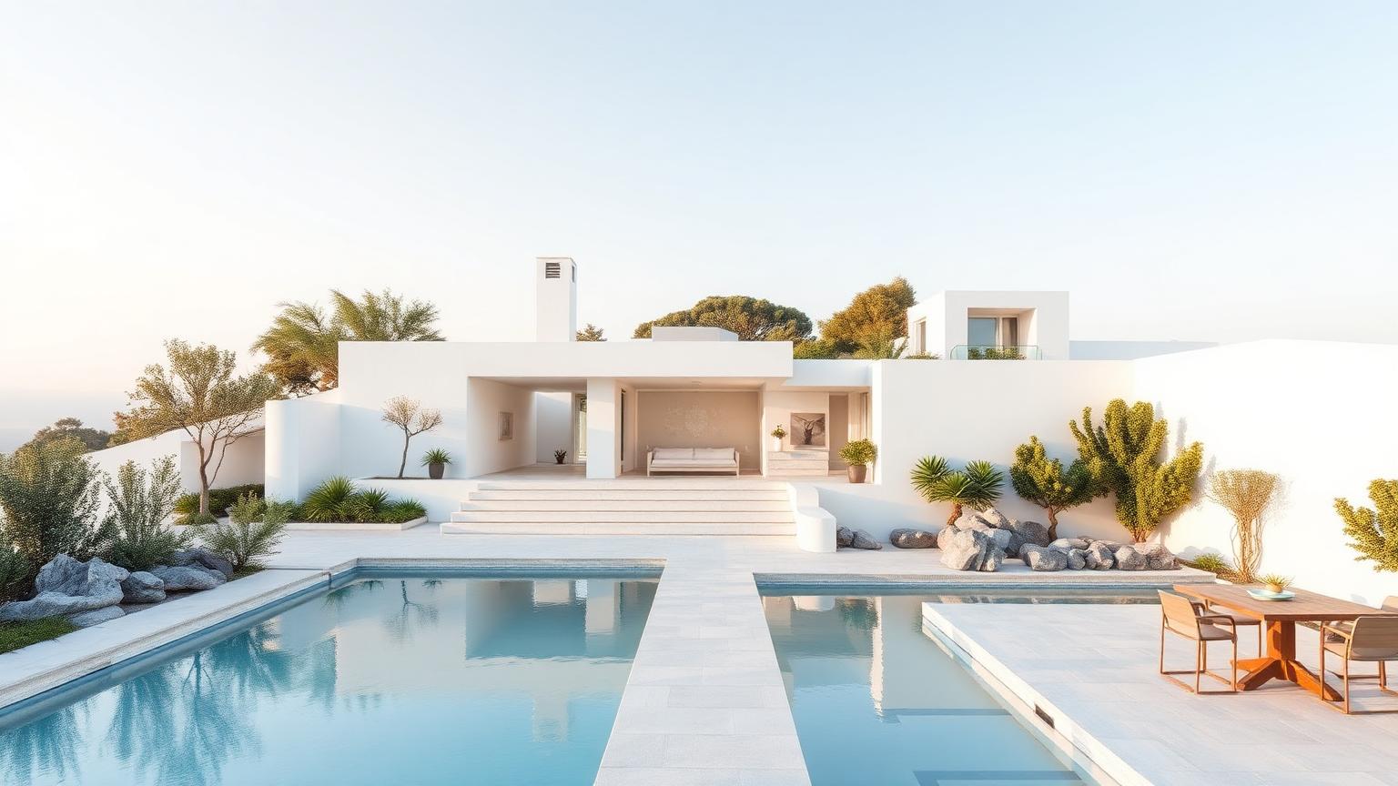 Warm Minimalist House Design with Eco Friendly Materials, Charcoal Accents and Wide Glazed Openings, Sculptural Olive Trees, Agave and Silver. this image created by www.homedesign-photos.com