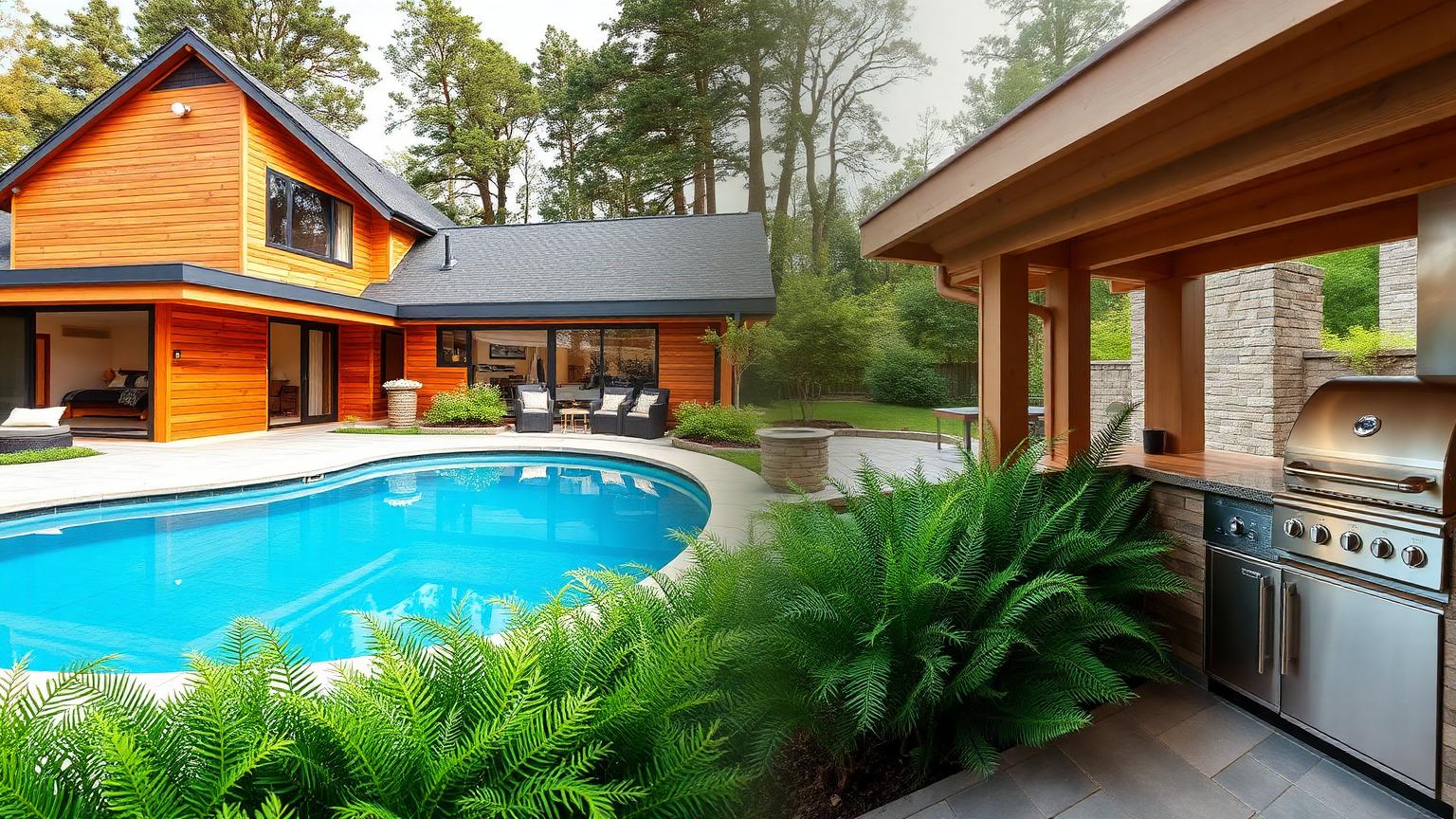 Architectural Home Design with Limestone Cladding, Warm Oak Soffits and Slim Charcoal Aluminium Frames, Tropical Foliage, Frangipani and Screening Bamboo. this image created by www.homedesign-photos.com