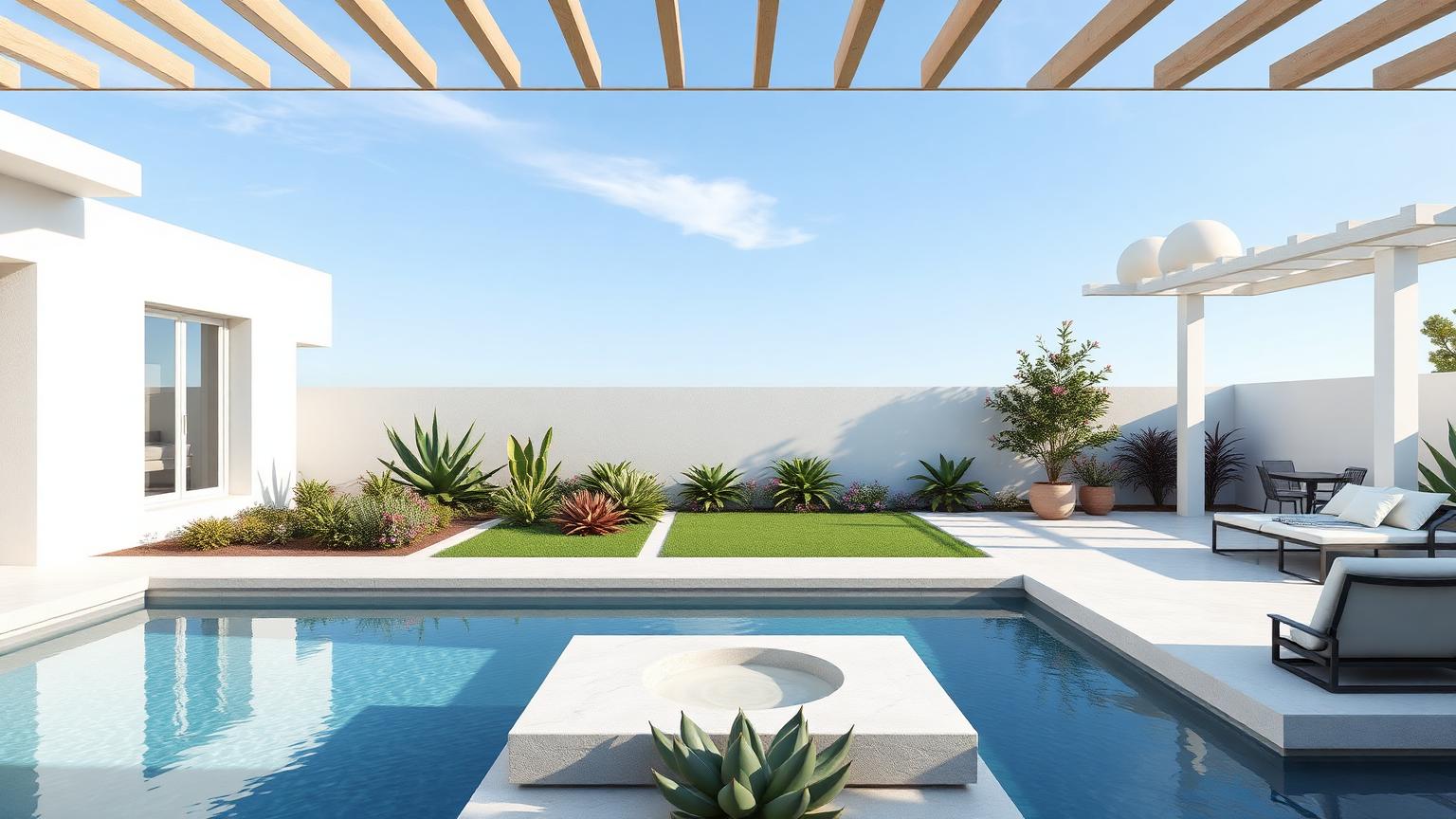 Architectural Home Design with Limestone Cladding, Warm Oak Soffits and Slim Charcoal Aluminium Frames, Tropical Foliage, Frangipani and Screening Bamboo. this image created by www.homedesign-photos.com