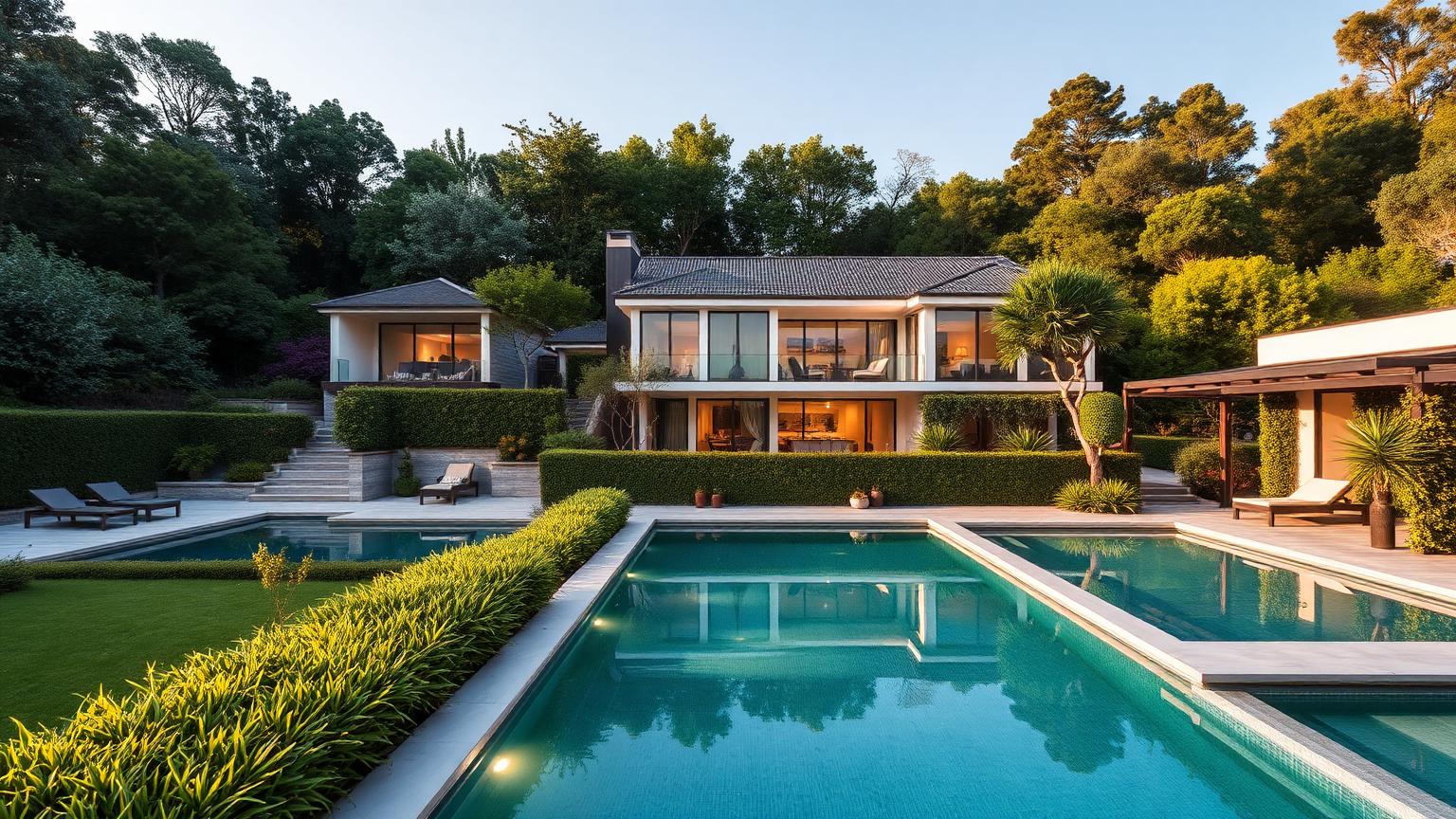 Split-Level Modern Home Design with Recycled Brick, Vertical Cedar Screening and Zinc Roof Sheeting, Espaliered Trees, Box Hedging and Fine-Leaf. this image created by www.homedesign-photos.com