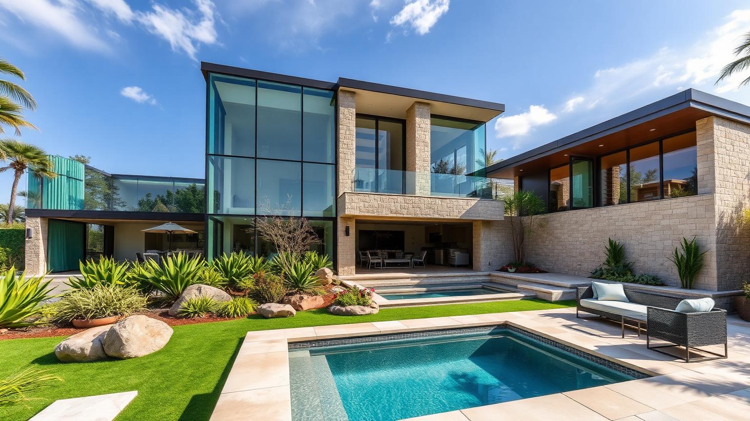 Warm Minimalist House Design with Eco Friendly Materials, Charcoal Accents and Wide Glazed Openings, Sculptural Olive Trees, Agave and Silver. this image created by www.homedesign-photos.com