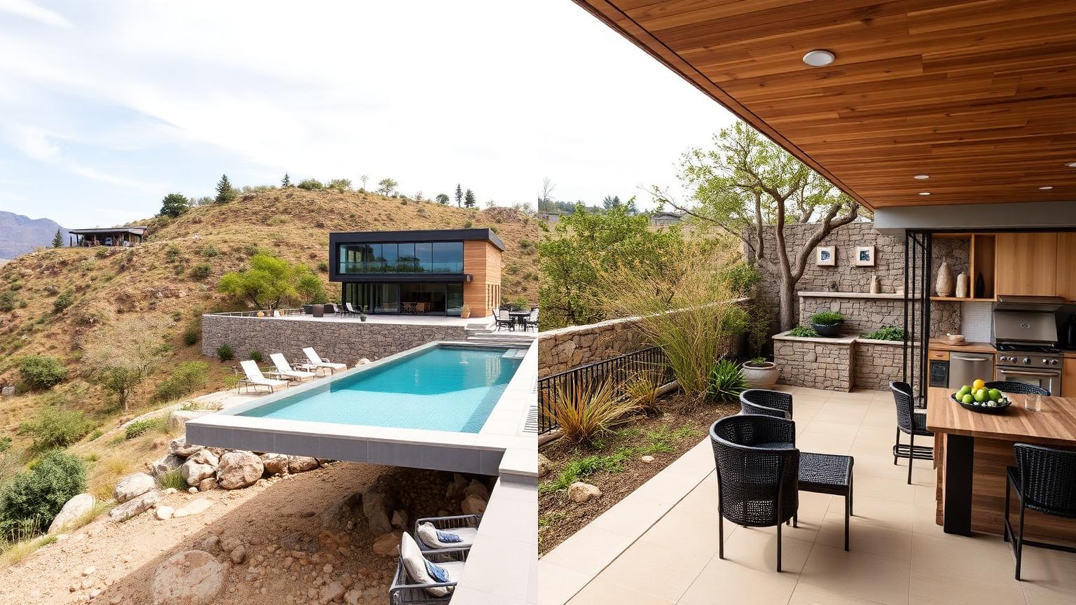 Split-Level Modern Home Design with Recycled Brick, Vertical Cedar Screening and Zinc Roof Sheeting, Espaliered Trees, Box Hedging and Fine-Leaf. this image created by www.homedesign-photos.com