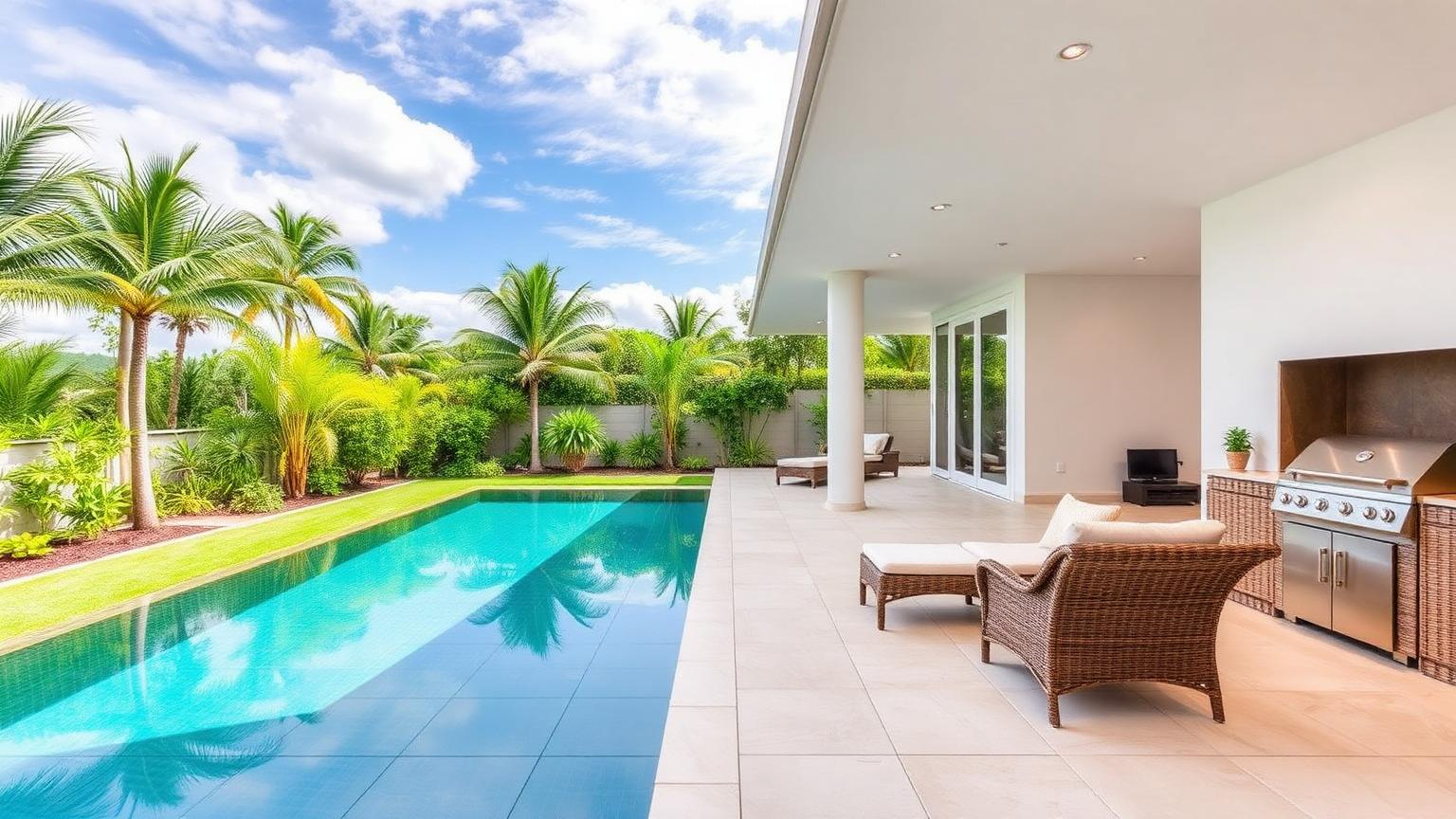 Low-Line Courtyard Home Design with Textured Off-White Render, Travertine Paving and Smoked Glass Balustrades, Layered Native Planting and a Clipped. this image created by www.homedesign-photos.com