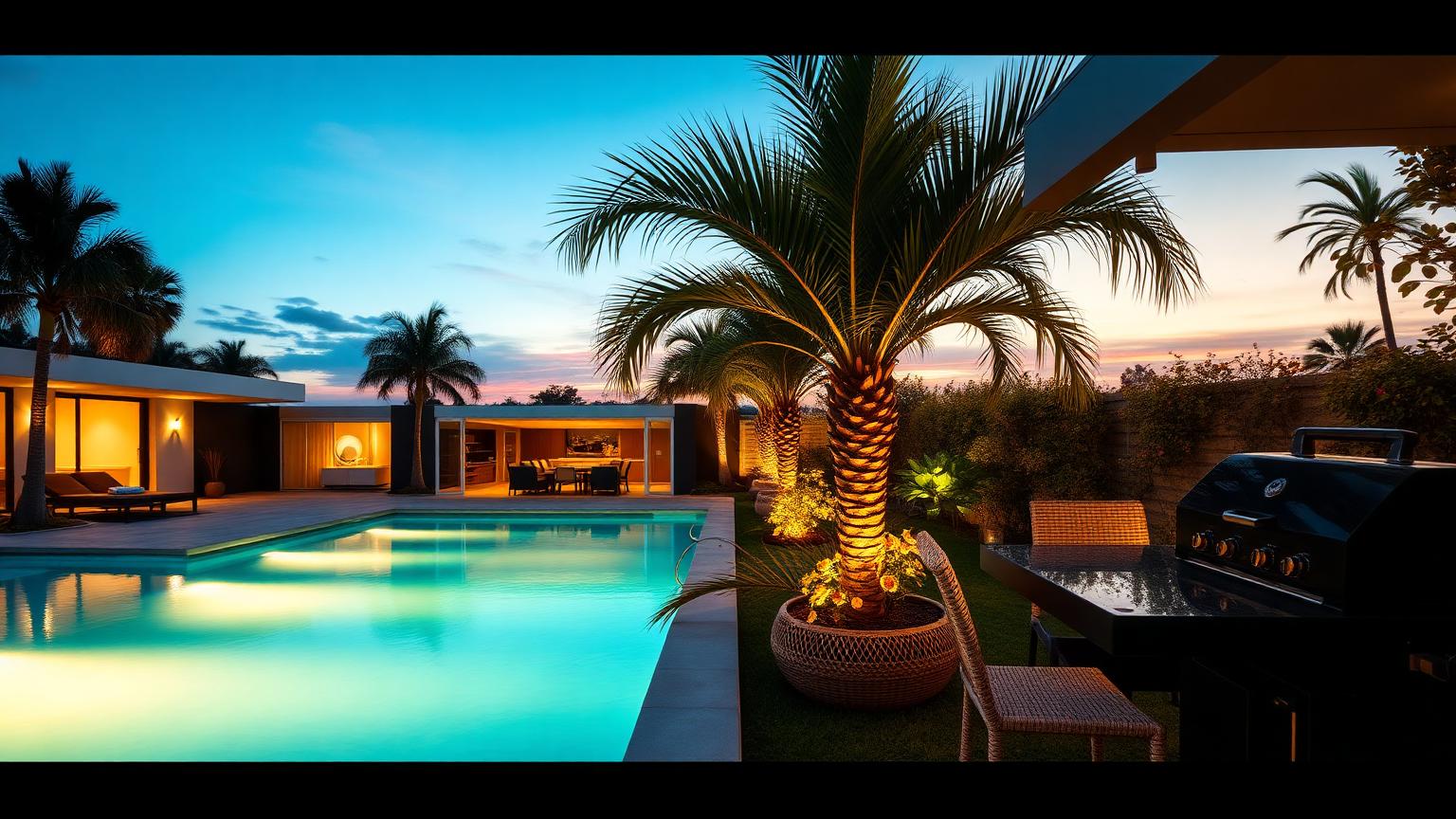 Architectural Home Design with Limestone Cladding, Warm Oak Soffits and Slim Charcoal Aluminium Frames, Tropical Foliage, Frangipani and Screening Bamboo. this image created by www.homedesign-photos.com