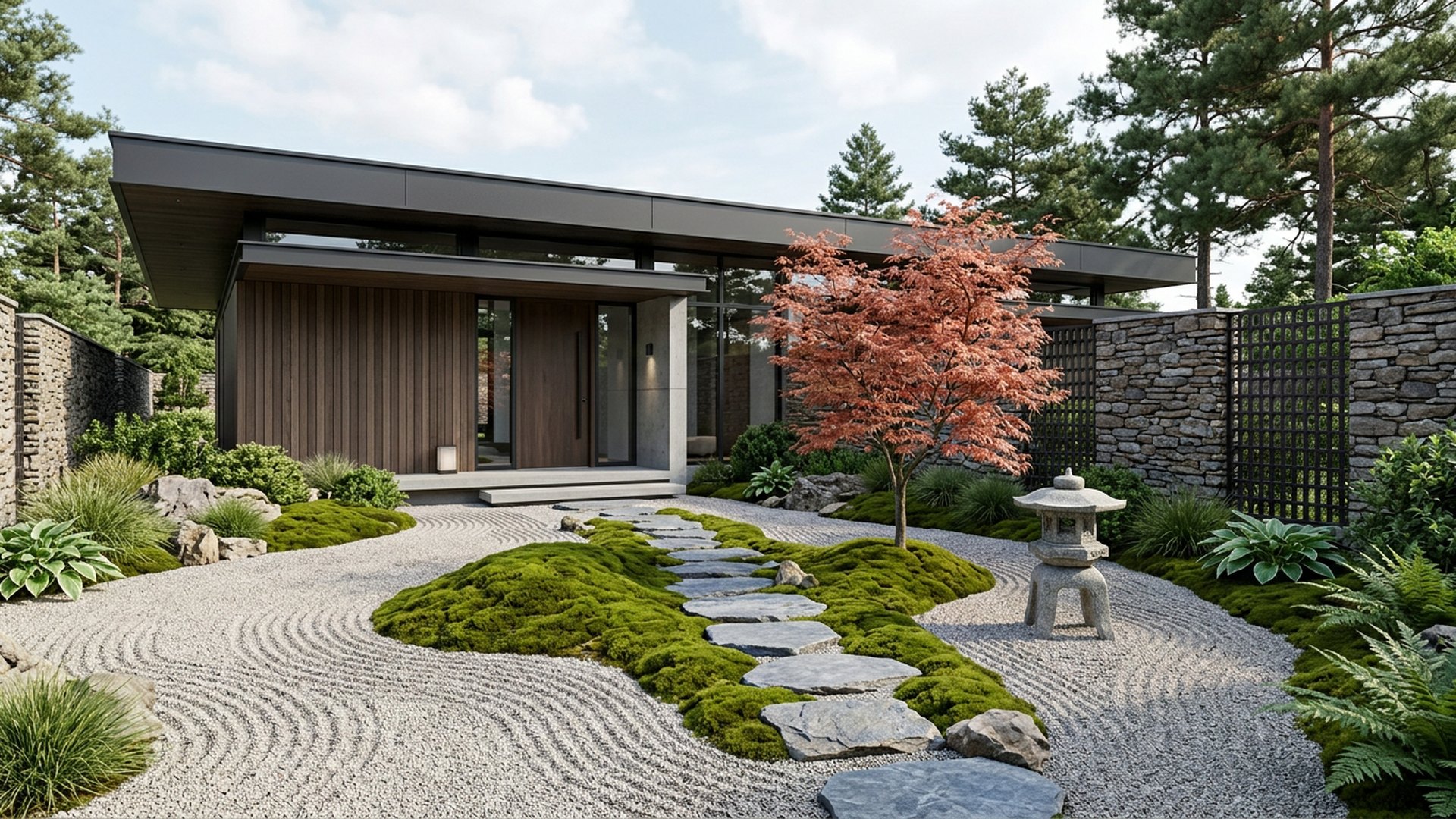 Japanese Entry Garden front yard landscaping concept Forward Looking Raked gravel, a maple, moss mounds and a stepping stone approach. Images and Photos created by www.house-and-garden-designs.com