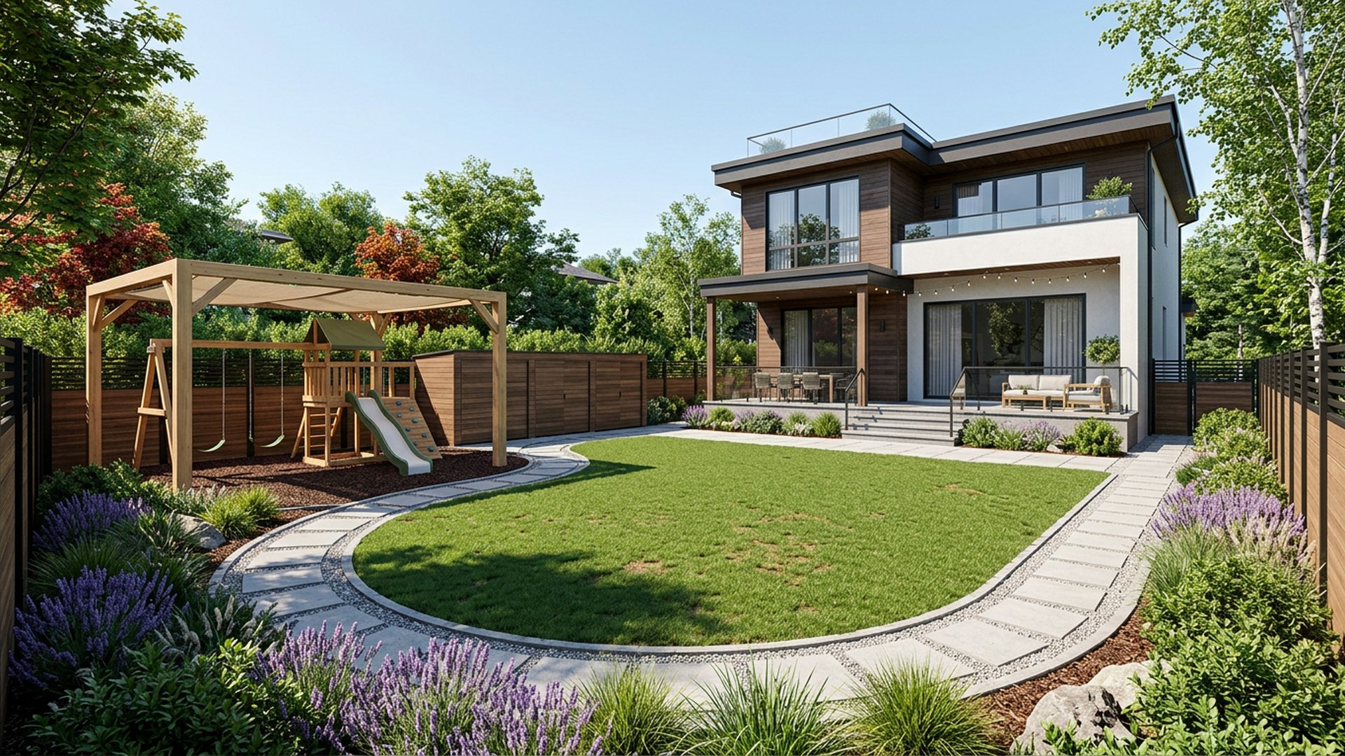 Home Designed for Growing Family & Kids backyard landscaping concept Forward Looking The Complete Family Home Design with Shaded Play-Zone. Images and Photos created by www.house-and-garden-designs.com