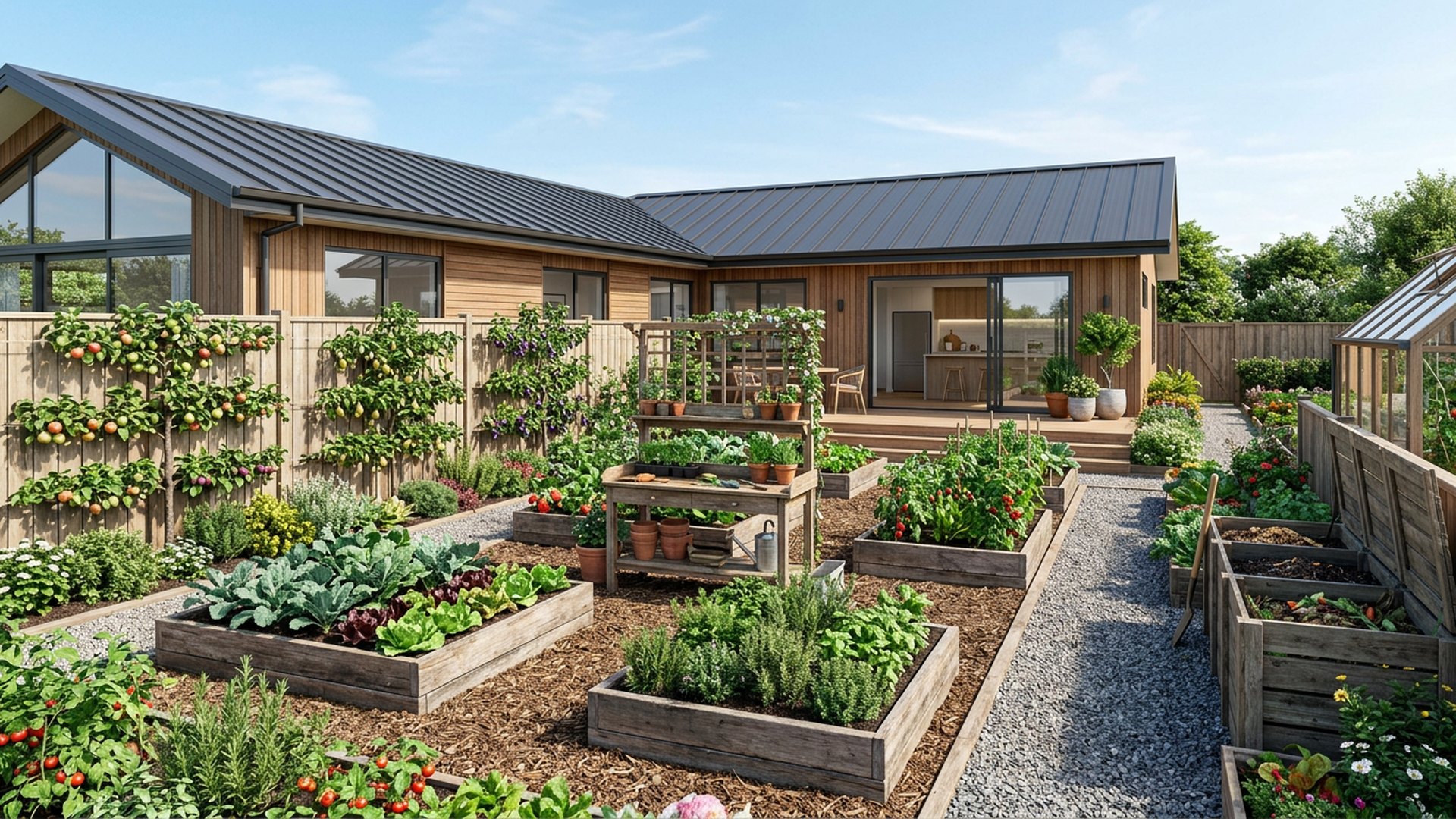 Kitchen Garden Backyard backyard landscaping concept Forward Looking Raised vegetable beds, espaliered fruit, a compost bay and a potting bench. Images and Photos created by www.house-and-garden-designs.com