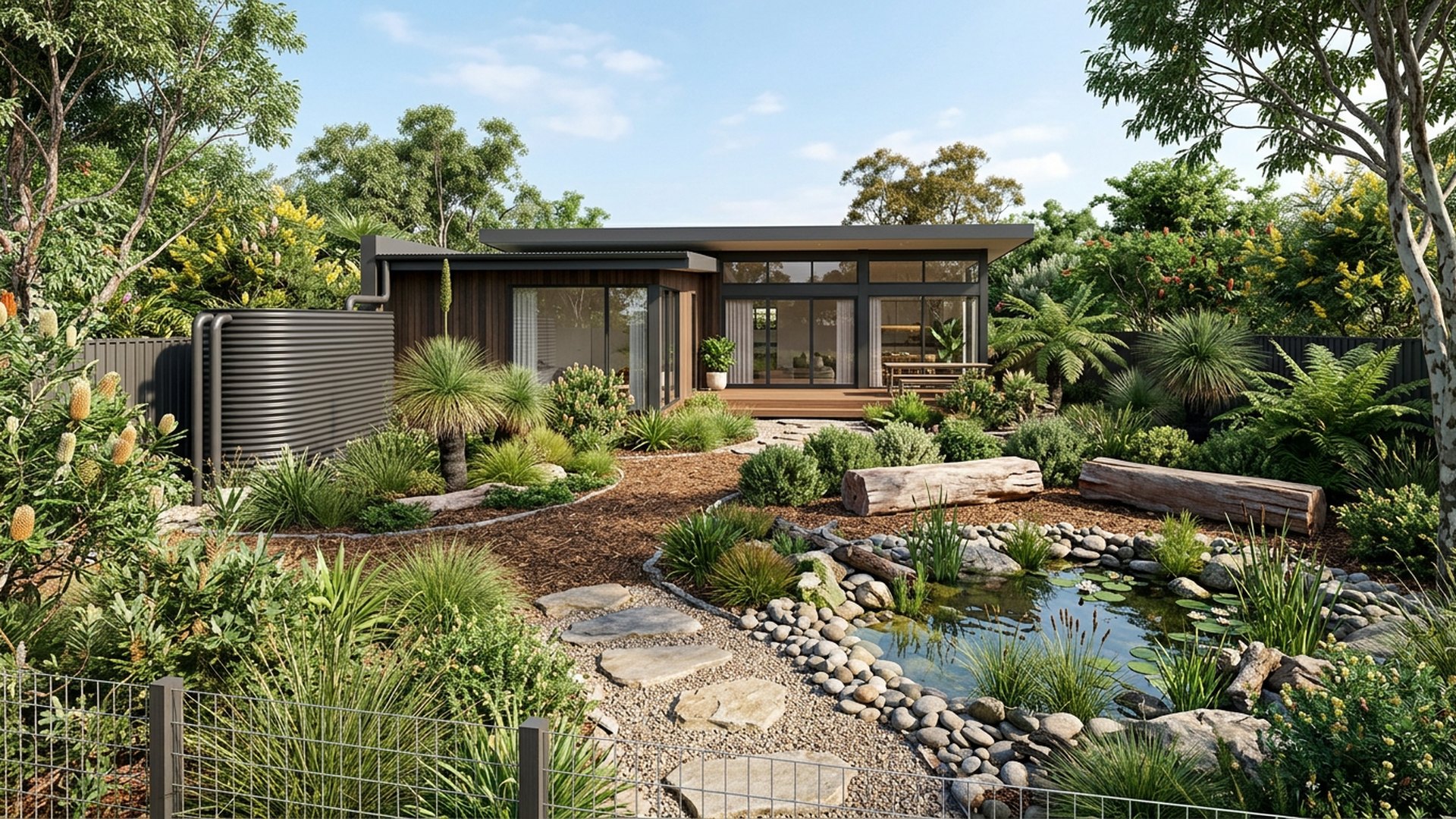 Native Habitat Backyard backyard landscaping concept Forward Looking Indigenous planting, a frog pond, log seating and a rainwater tank. Images and Photos created by www.house-and-garden-designs.com