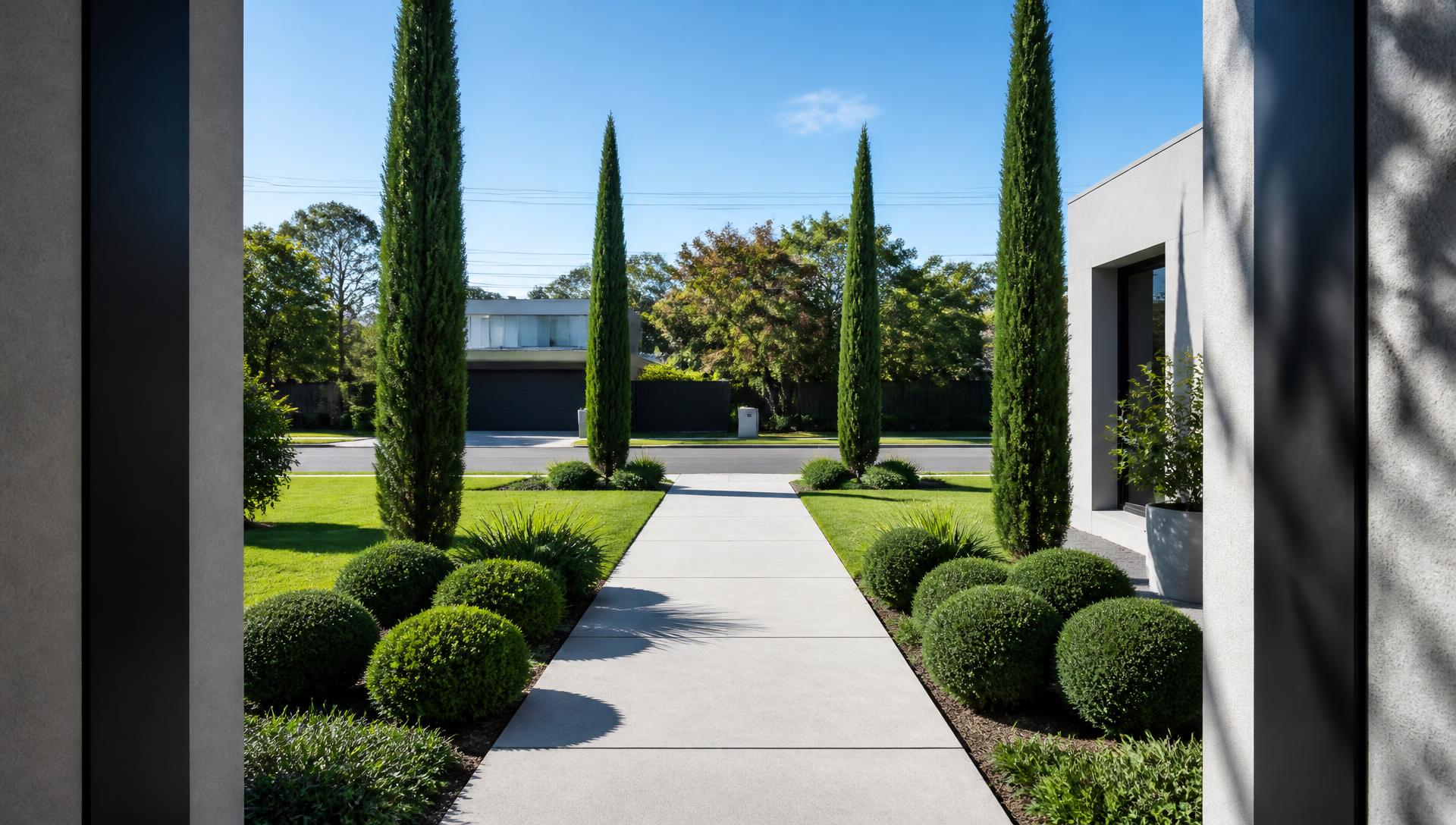 Cypress Court Frontage front yard design Rear Backyard Look Single storey pale render facade with a sculpted lawn band, monolithic. Images and Photos created by www.house-and-garden-designs.com