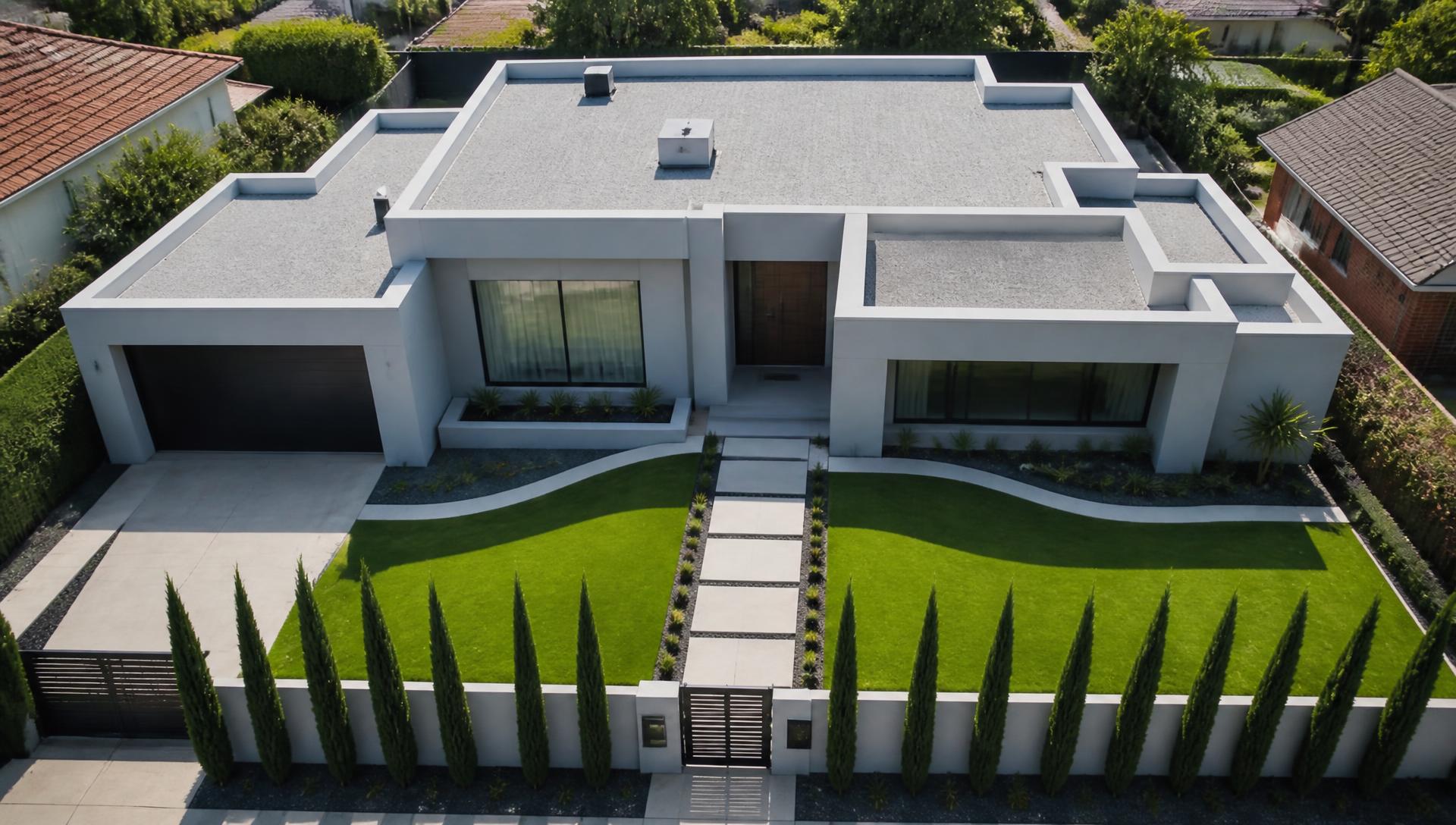 Compact Modern Home Design for Restricted Regulations front yard landscaping concept Top / Drone View If Height is Problem for. Images and Photos created by www.house-and-garden-designs.com