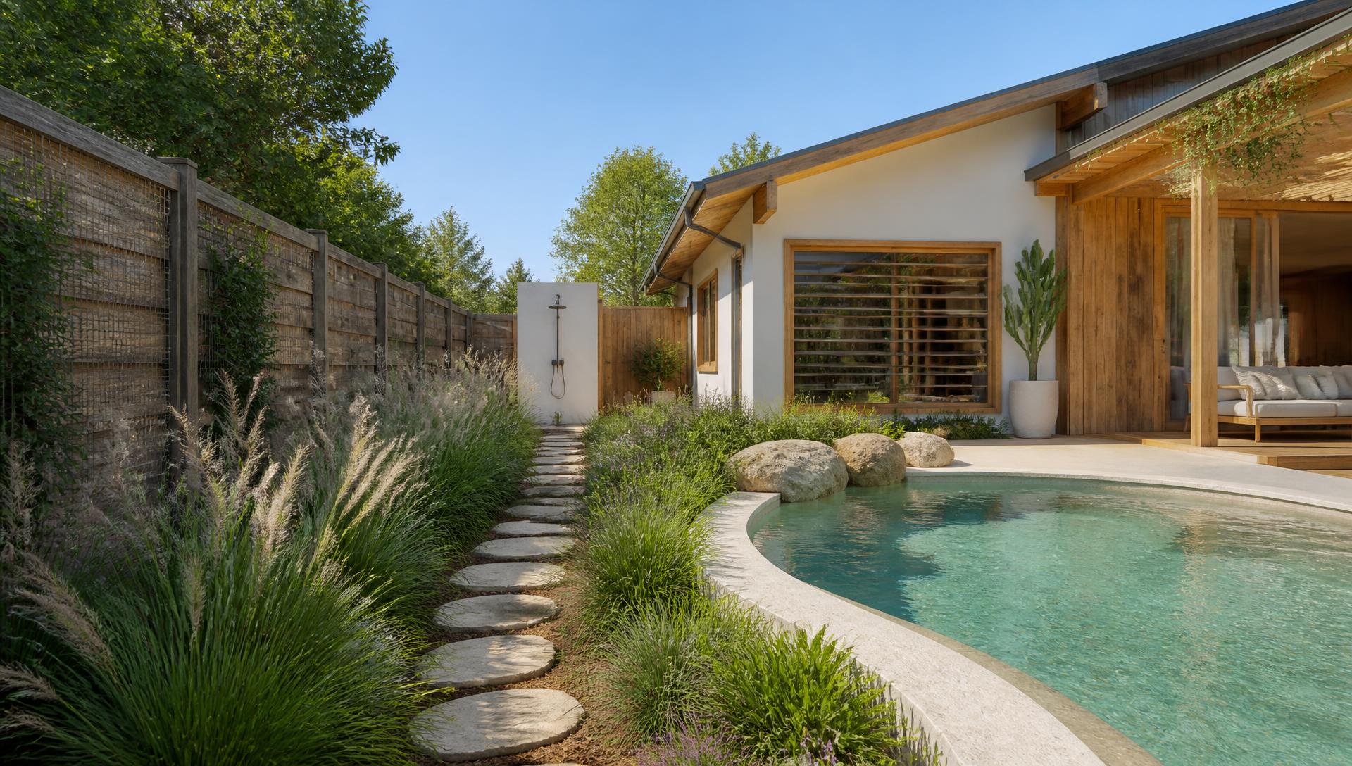 Lagoon Garden Residence backyard design Left Side Property View A curved lagoon pool hugging the shape of the yard, timber. Images and Photos created by www.house-and-garden-designs.com