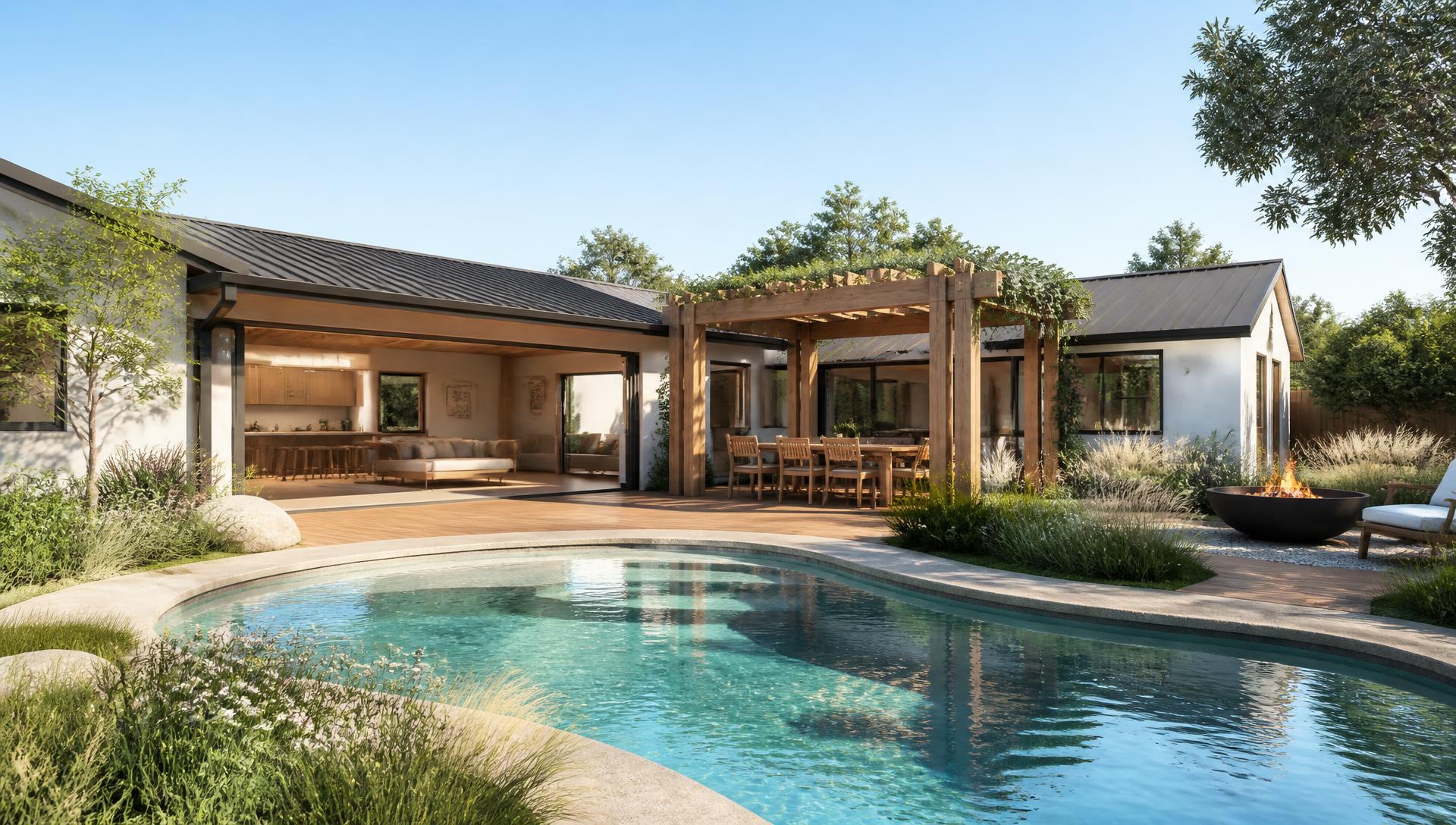Compact House Design when Height Limited backyard landscaping concept Rear Backyard Look An Earthy Organic Designed House with Natural Integrated. Images and Photos created by www.house-and-garden-designs.com
