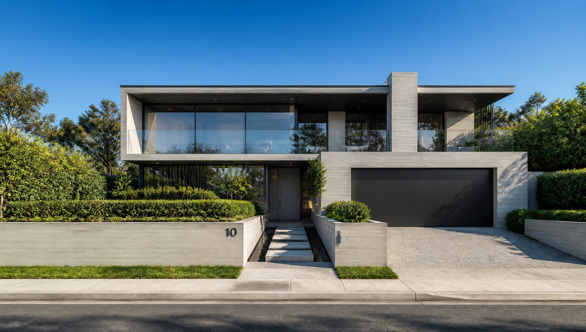 Atrium Street House front yard design Forward Looking Two storey glass, stone and board formed concrete frontage with a water. Images and Photos created by www.house-and-garden-designs.com