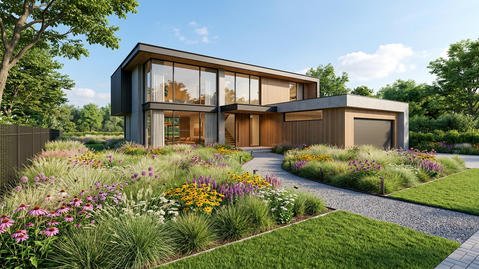 Prairie Meadow Verge front yard landscaping concept Forward Looking Drifting grasses and perennials mown to a crisp lawn edge for. Images and Photos created by www.house-and-garden-designs.com
